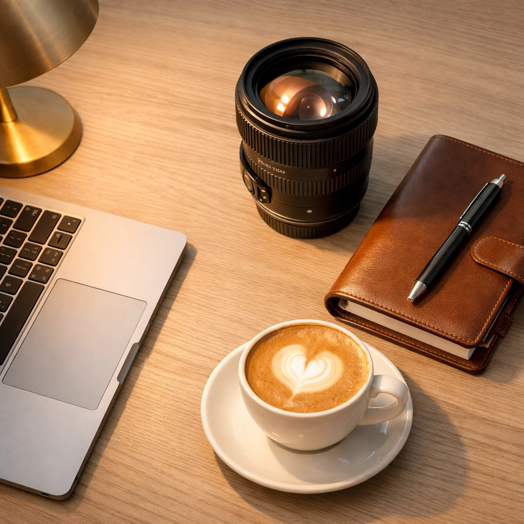 Minimalist photography workspace with laptop and camera gear representing an organized professional workflow.