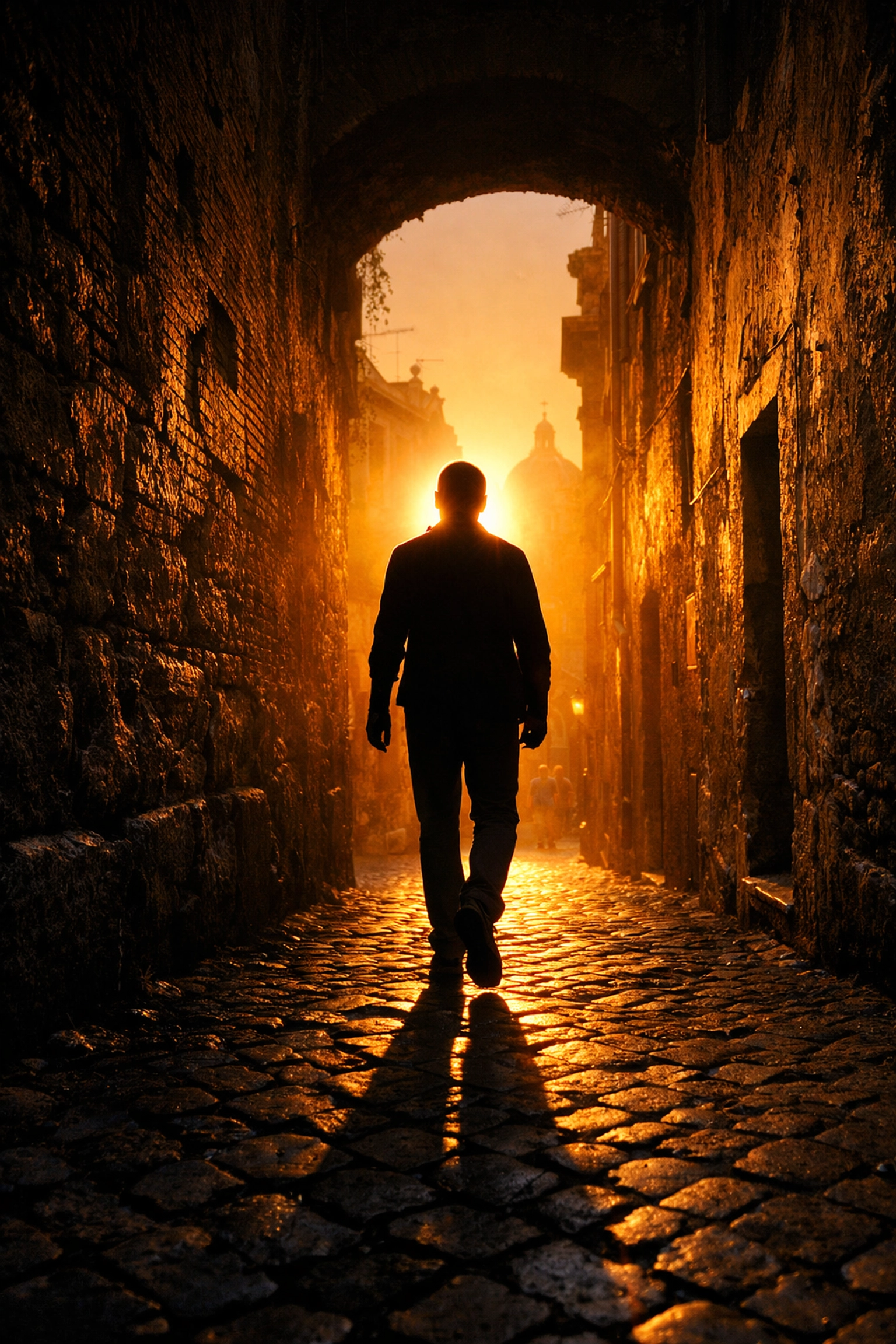 Silhouette of a person in a sunlit alley, demonstrating creative street photography ideas for dramatic urban lighting.