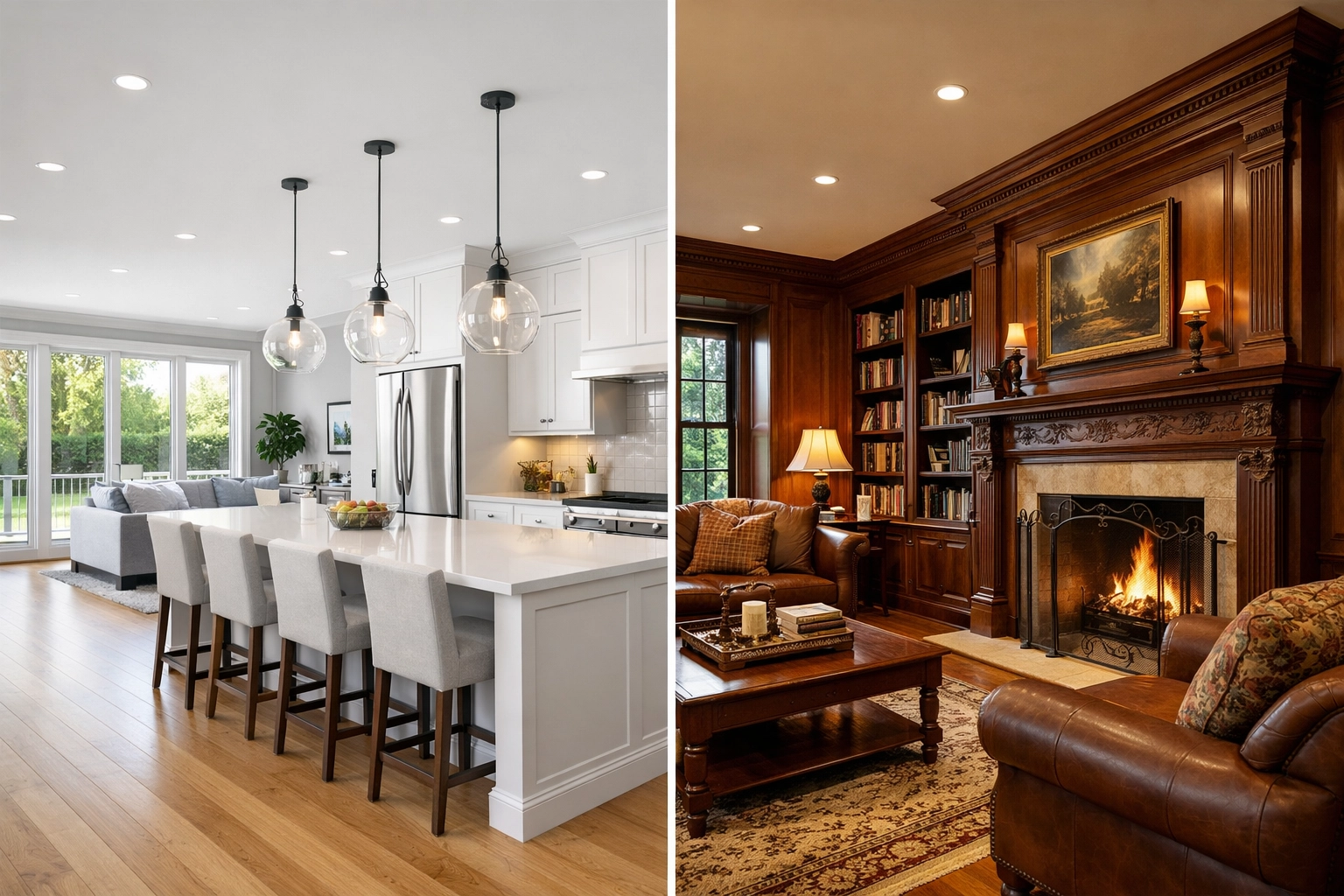 Modern open-concept kitchen vs traditional historic home interior with woodwork and fireplace