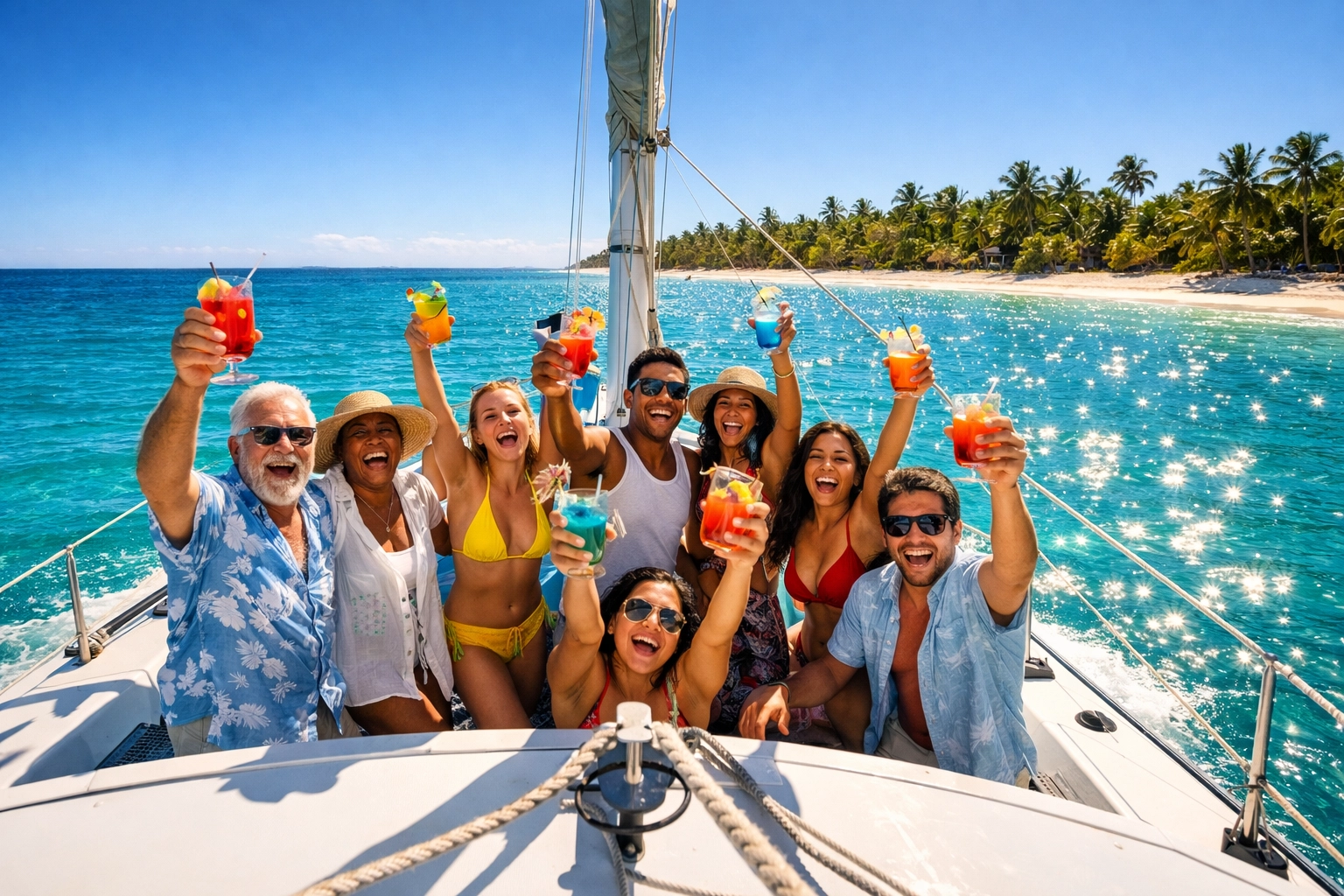 Friends enjoying a custom catamaran excursion during a birthday cruise celebration in the Caribbean.