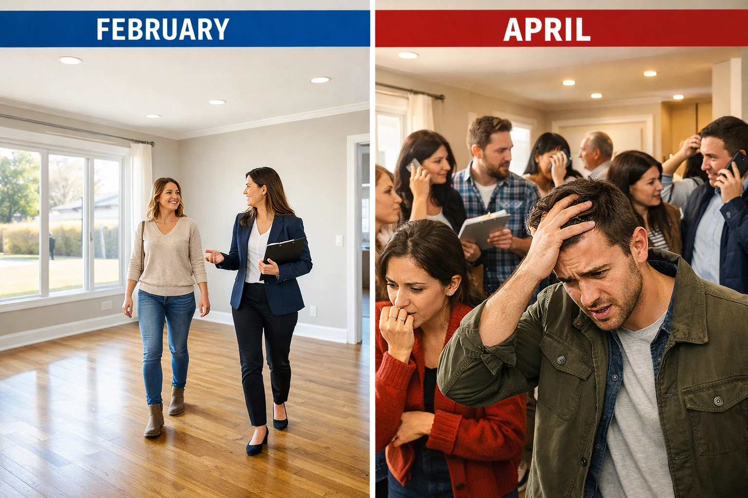 Comparison of calm February home tour versus crowded April showing in competitive housing market
