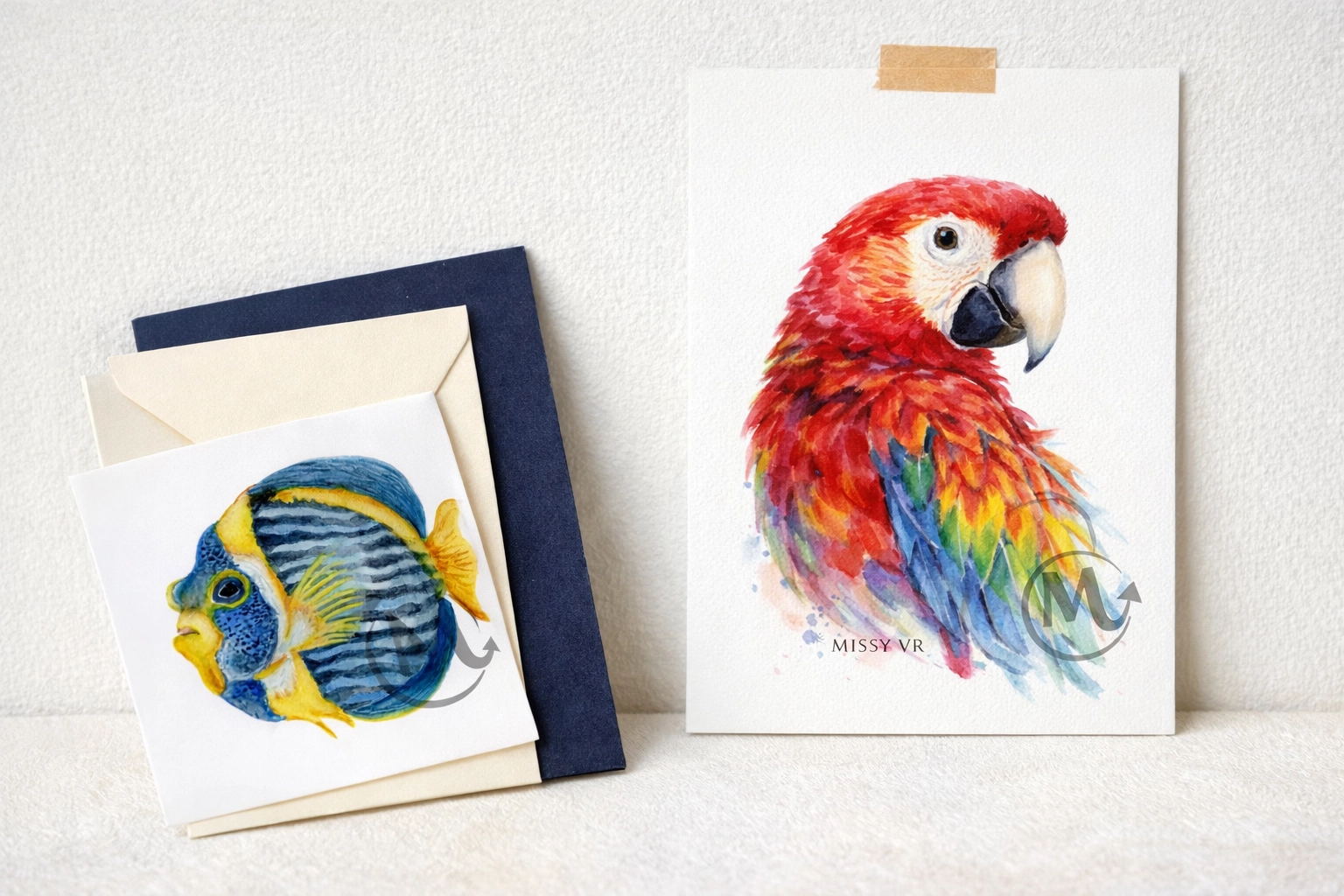 Scarlet Macaw watercolor print lifestyle mockup