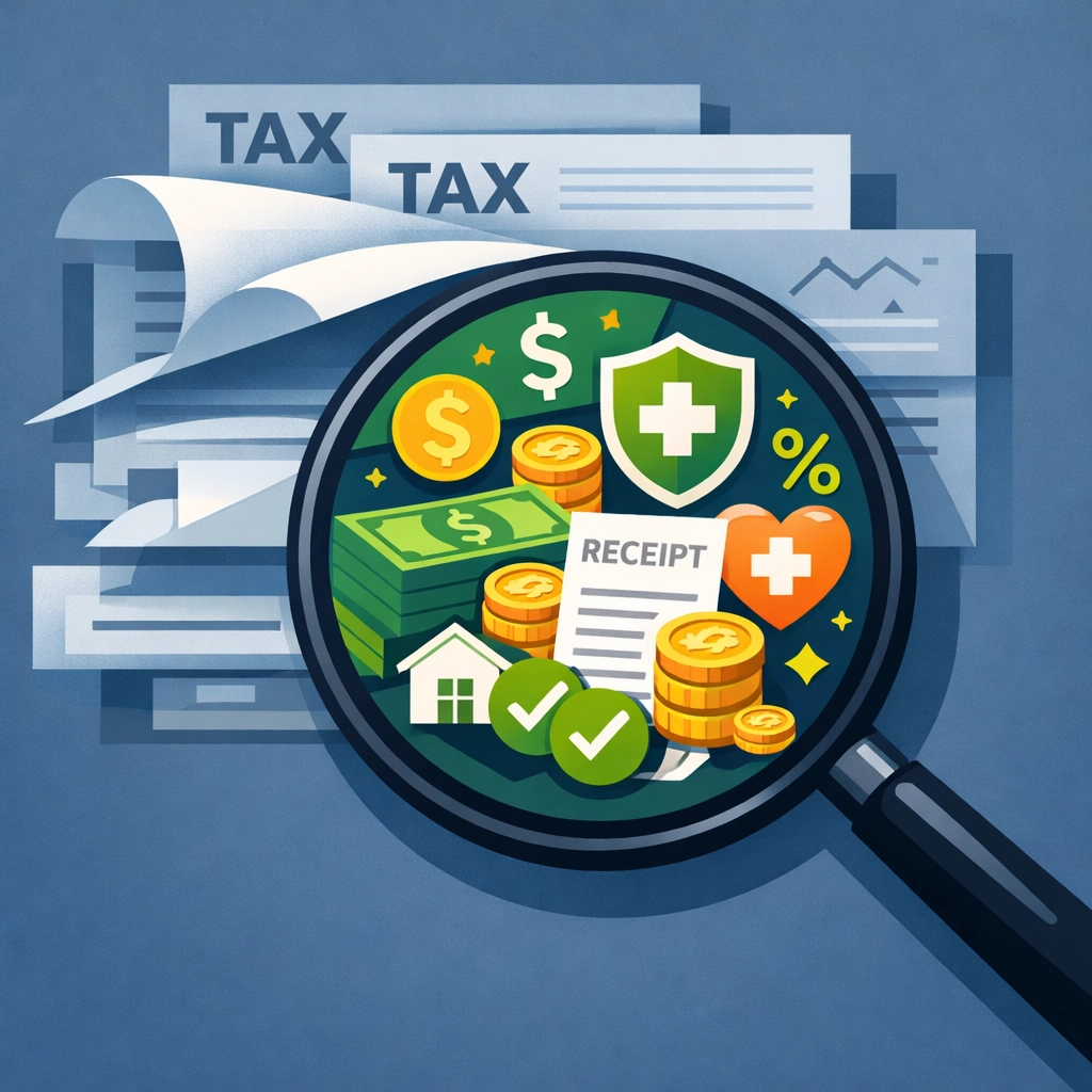 Magnifying glass revealing hidden tax deductions and savings opportunities on tax forms