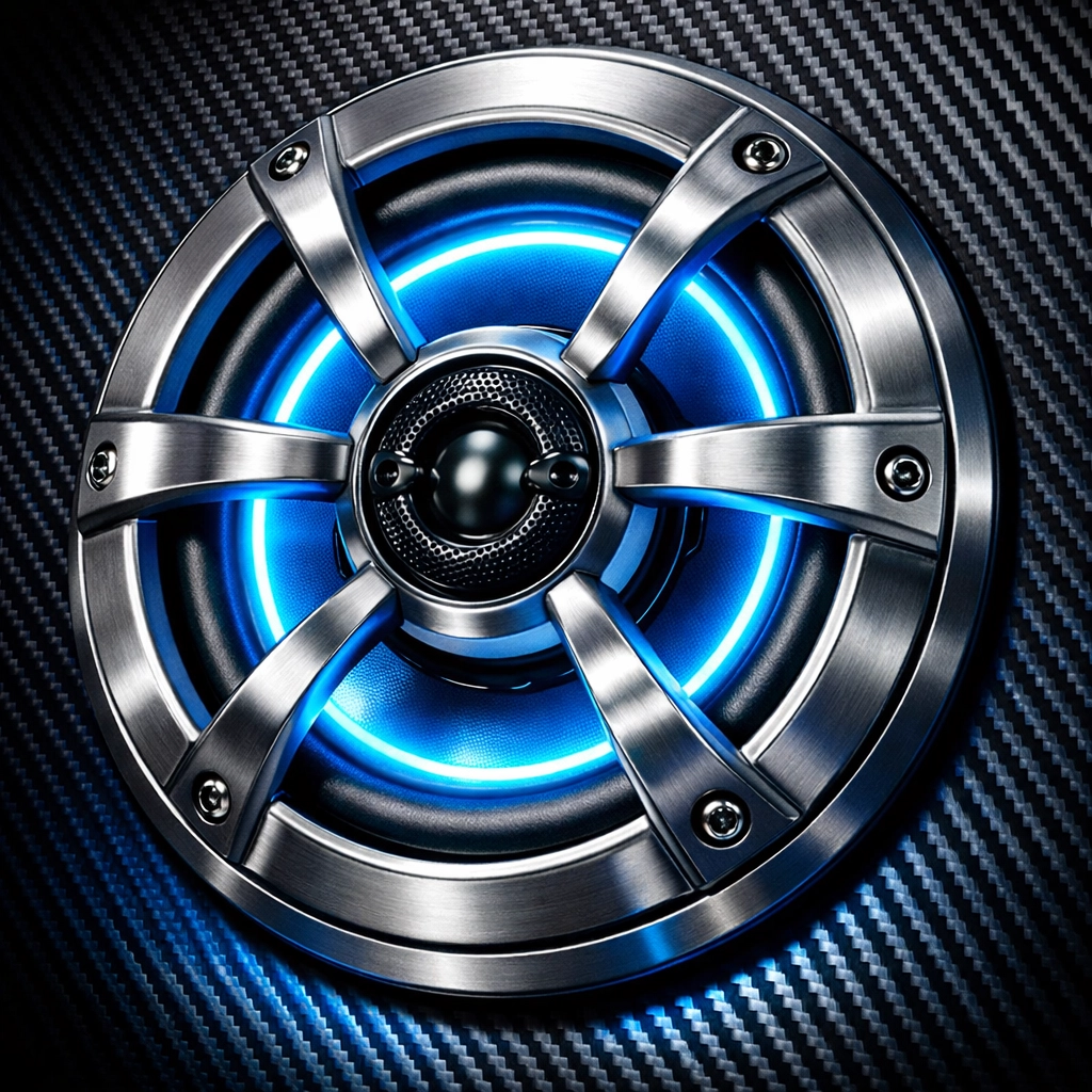 JL Audio marine coaxial speaker with blue LED lighting and moisture-resistant grille.