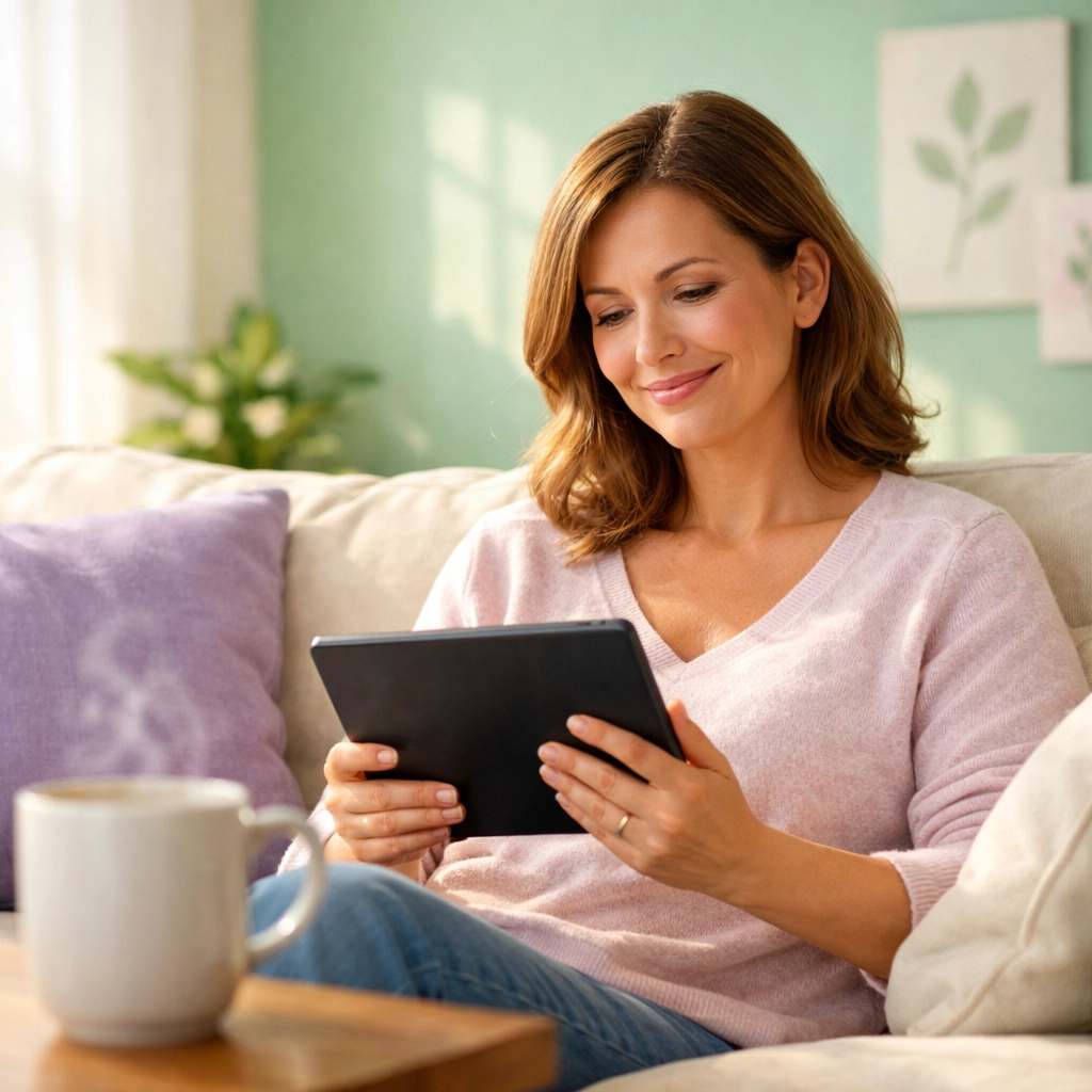 Woman on a sofa smiling at a tablet, reflecting on signs she is a late bloomer lesbian.