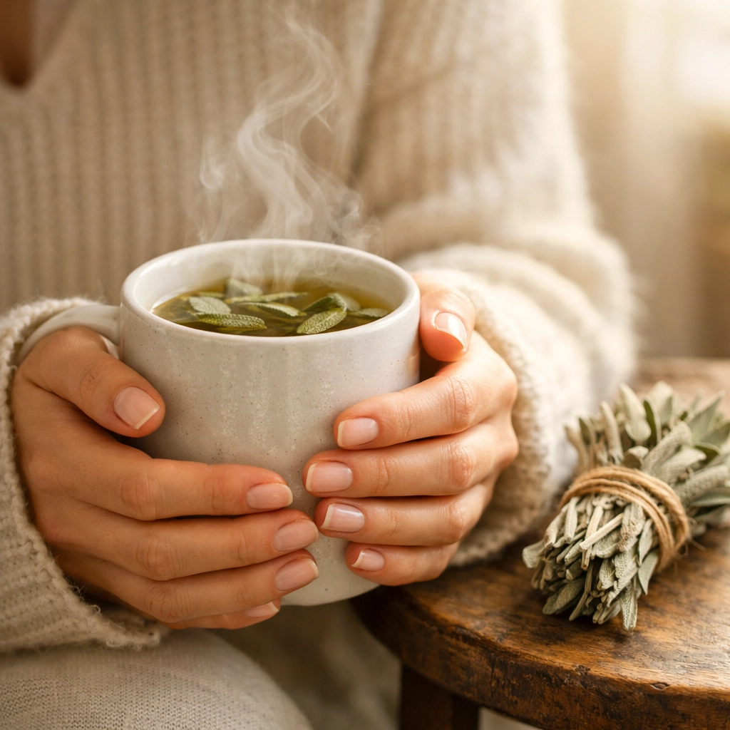 A woman holding a warm mug of Salmia tea for relaxation and hormonal balance.