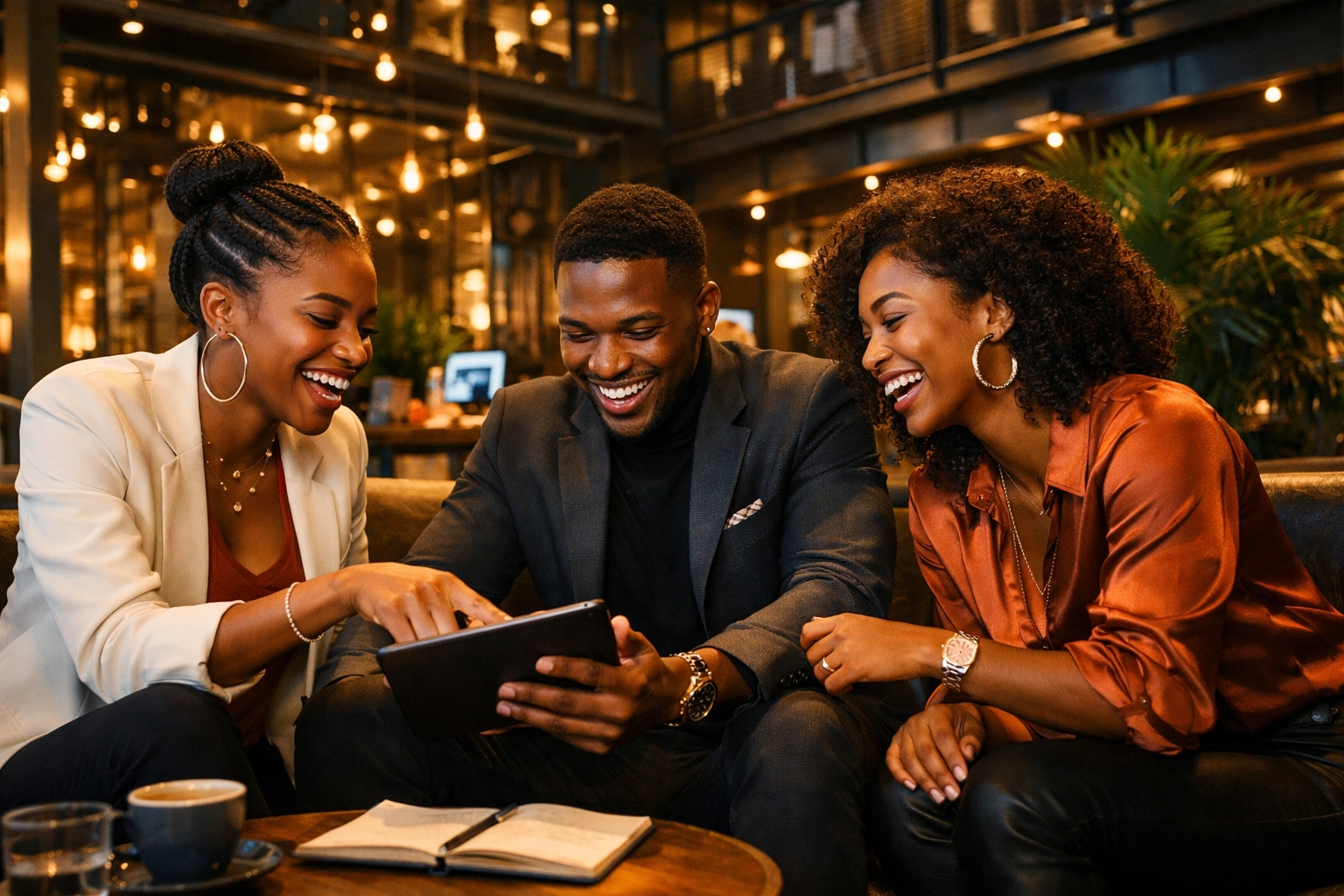 Stylish Black professionals collaborating in a modern workspace to grow the Black Wall Street movement.