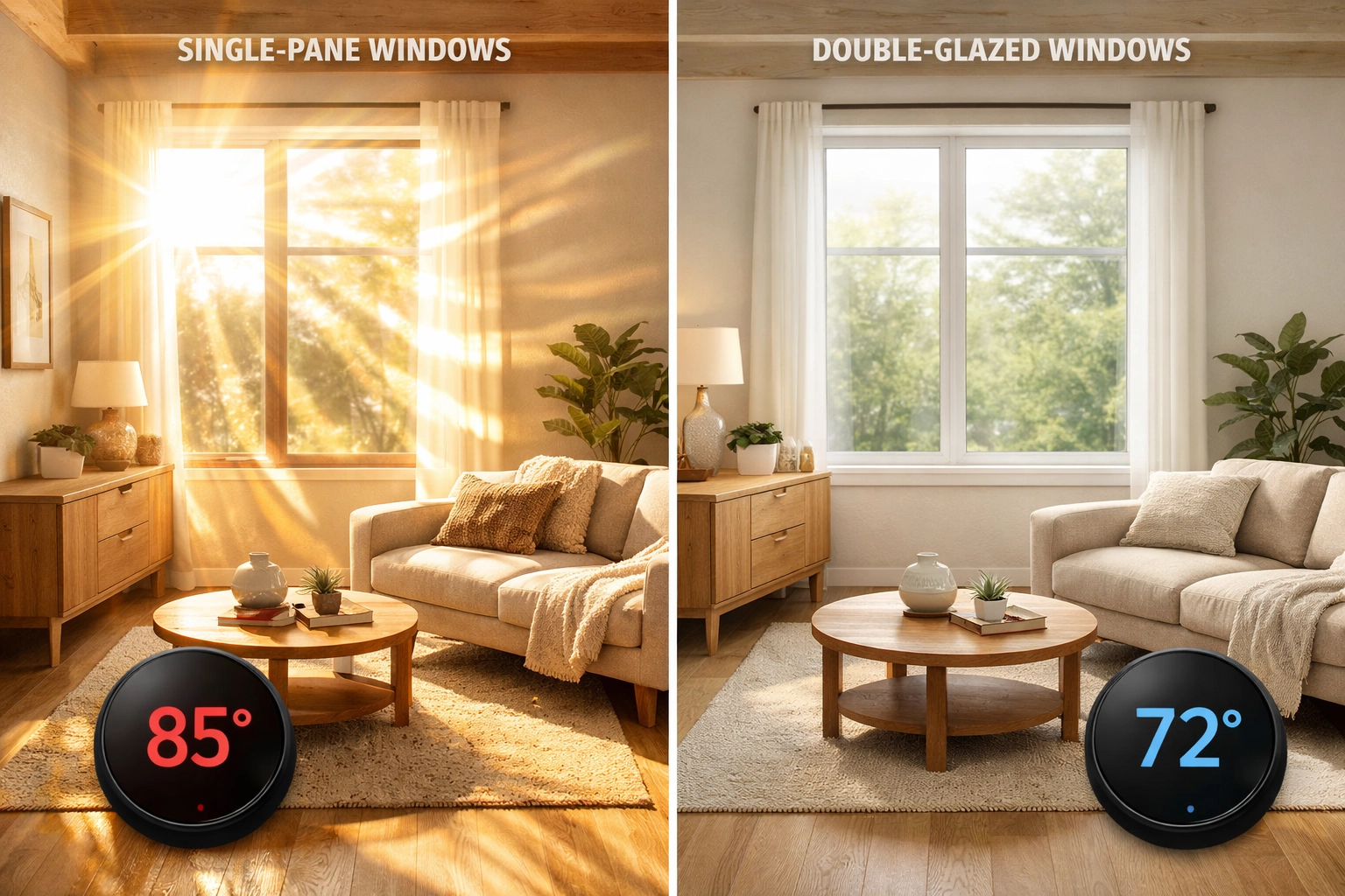 Comparison of single-pane vs double-glazed windows showing thermal efficiency in Australian home