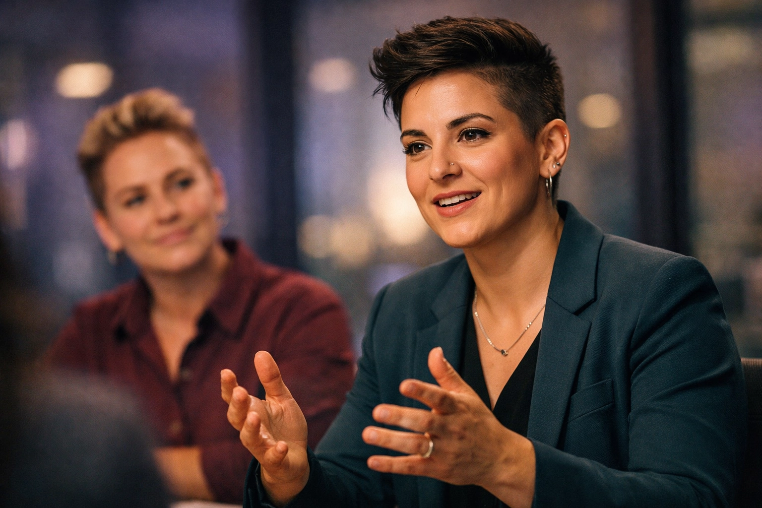 Non-binary professional leading an inclusive team discussion, emphasizing active listening and queer leadership strategies.