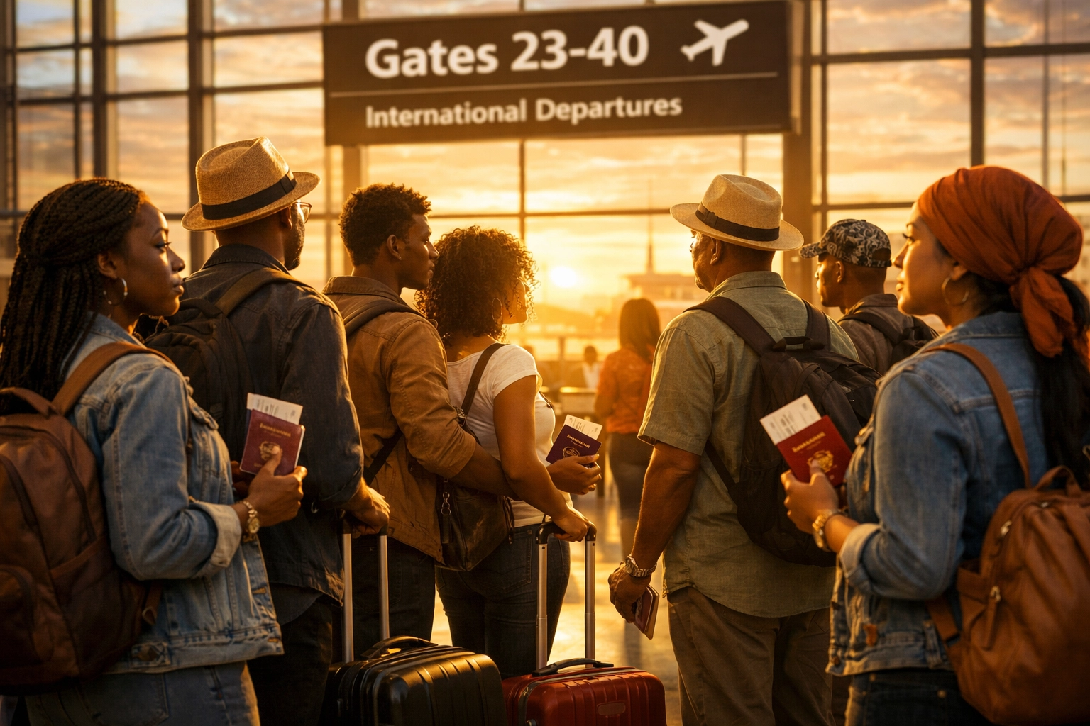 Black and Brown travelers at airport terminal holding passports during travel ban