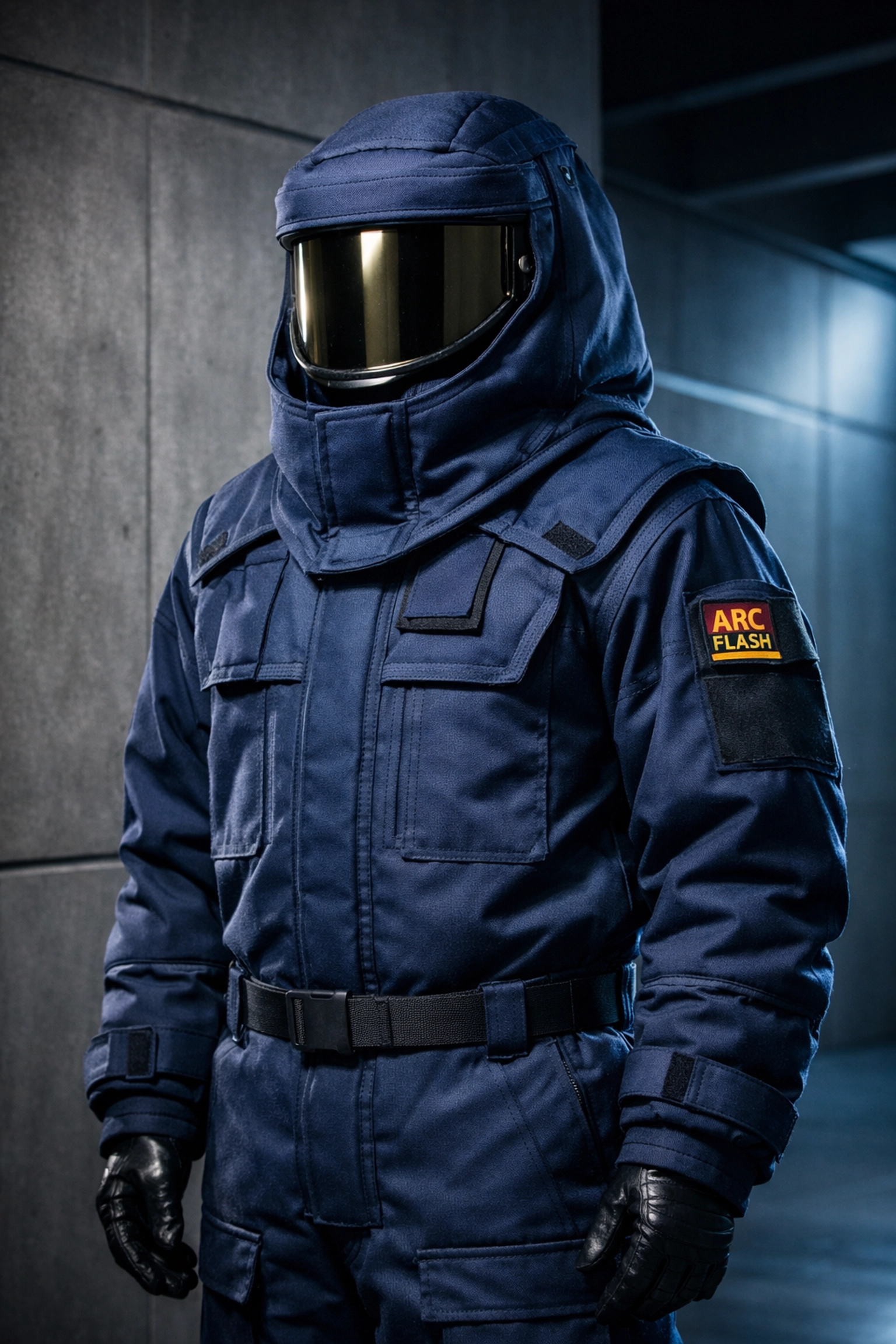 Multi-layered arc flash protective suit designed for electrical industry safety standards.