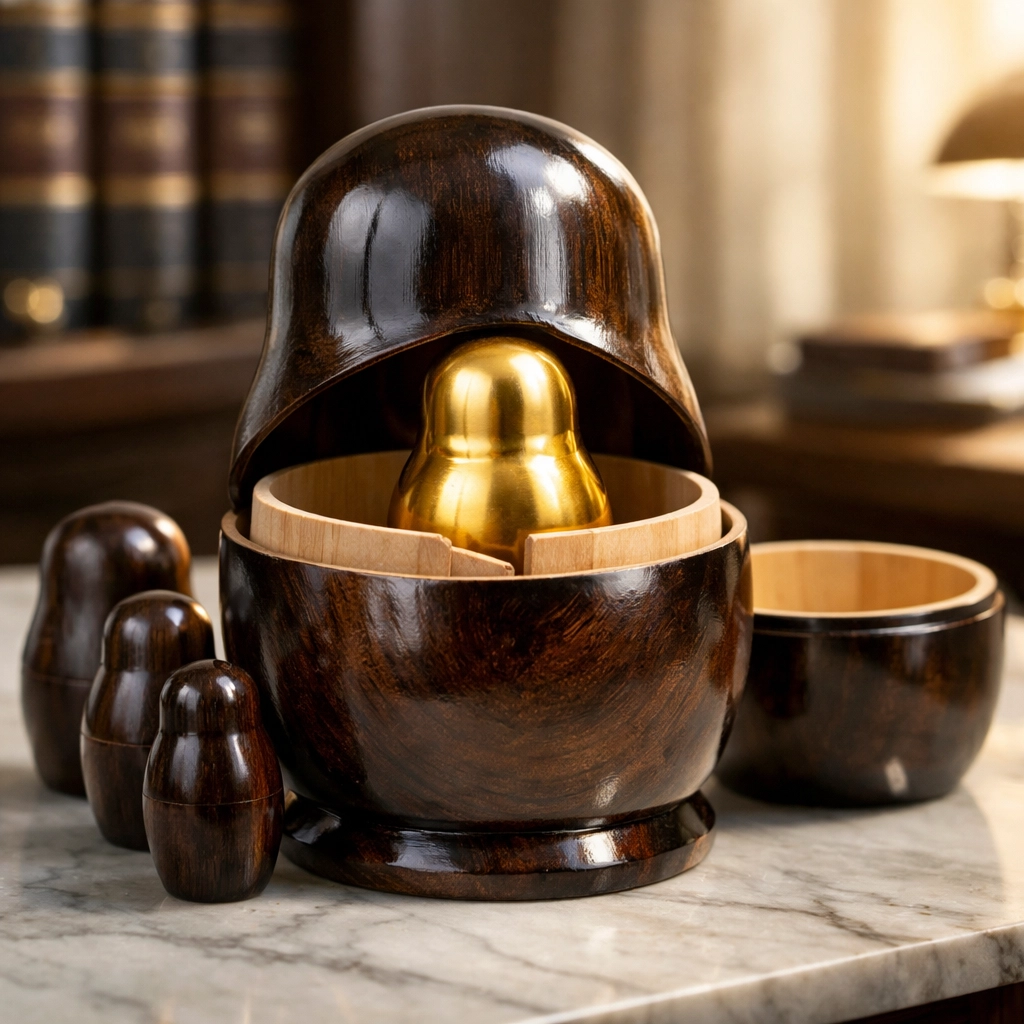 Nesting dolls on a desk representing layers of corporate beneficial ownership and shell companies.