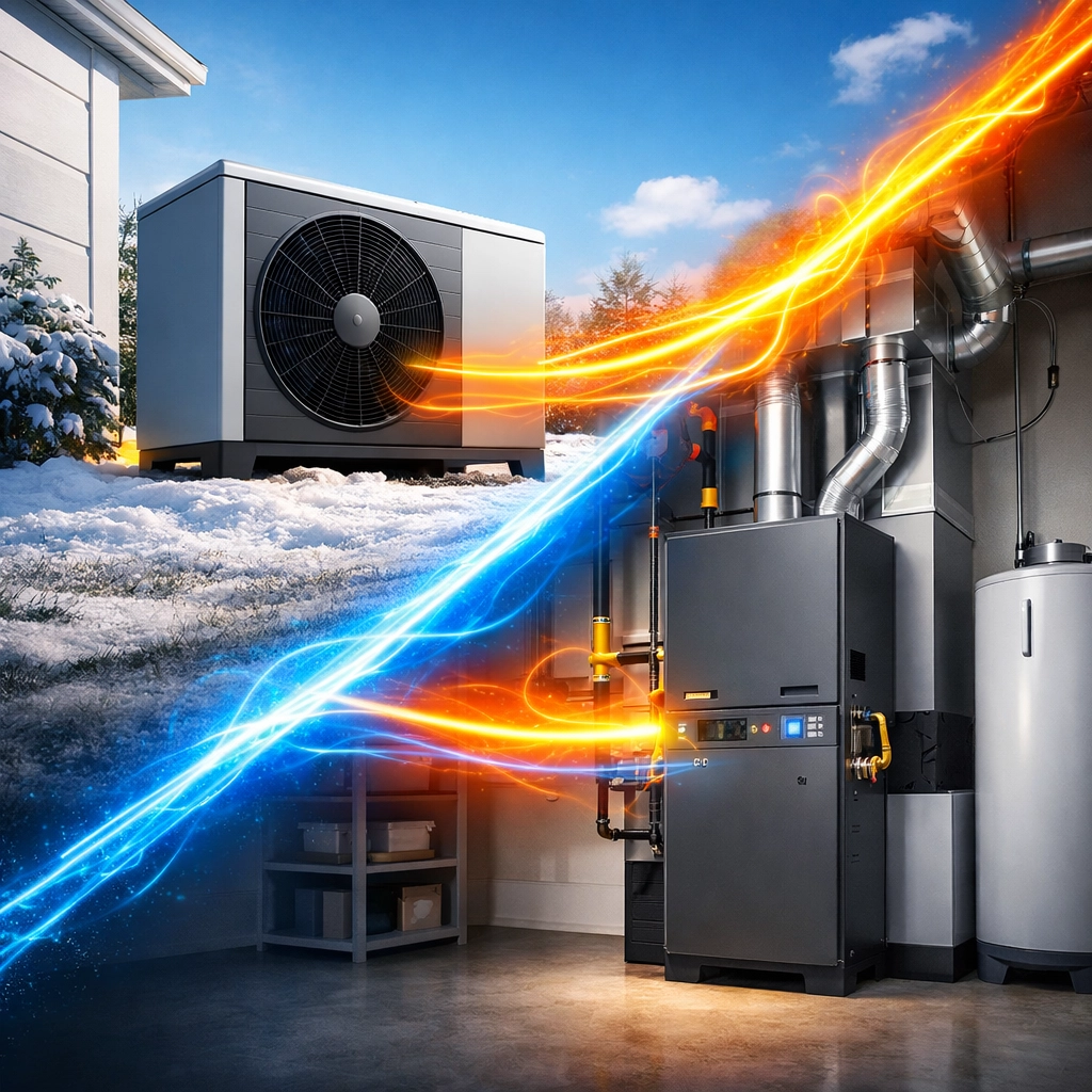 Hybrid heat pump system combining an outdoor unit and indoor furnace for efficient dual-fuel home heating.