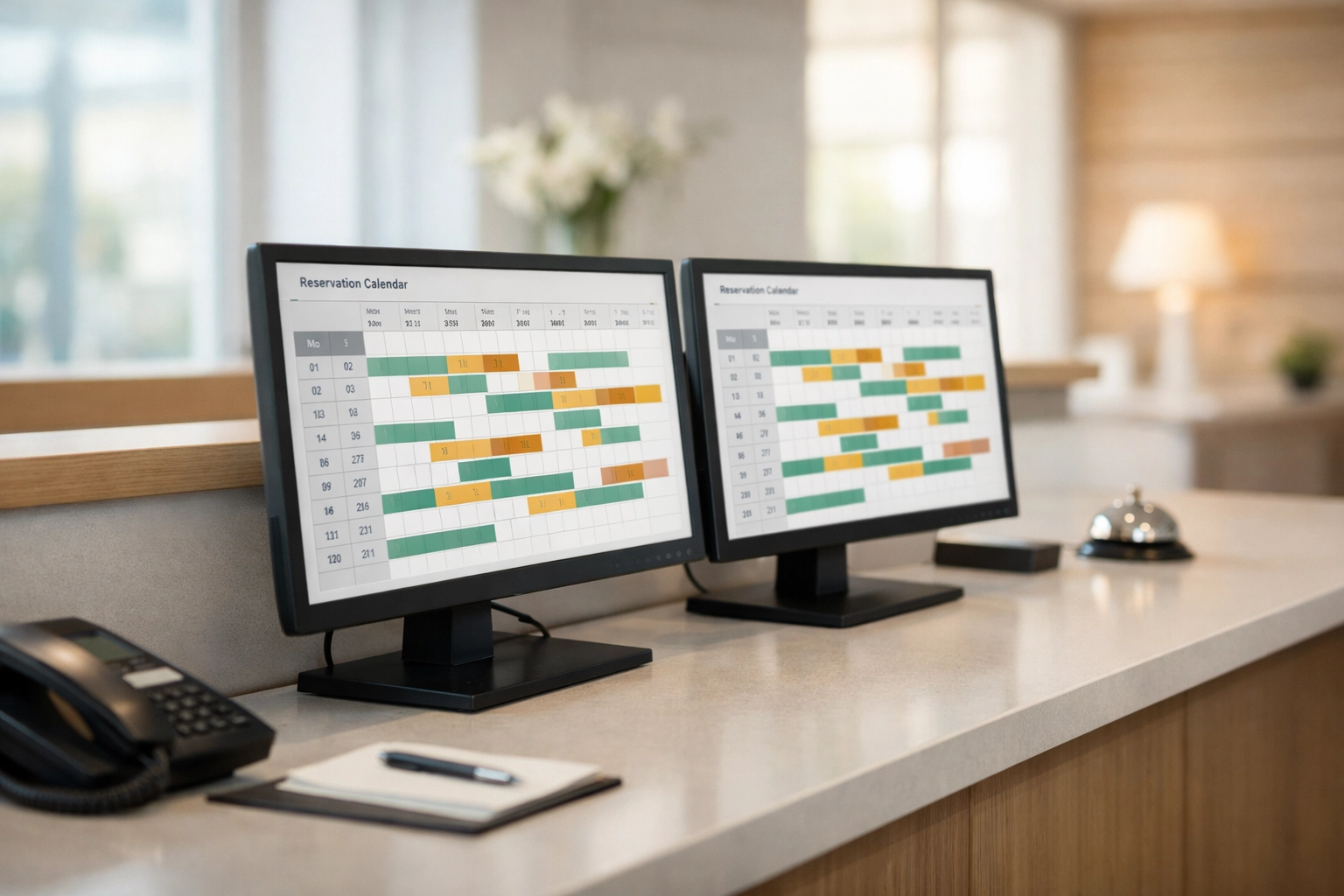 Hotel reception desk with dual monitors showing synchronized channel manager and PMS booking calendars