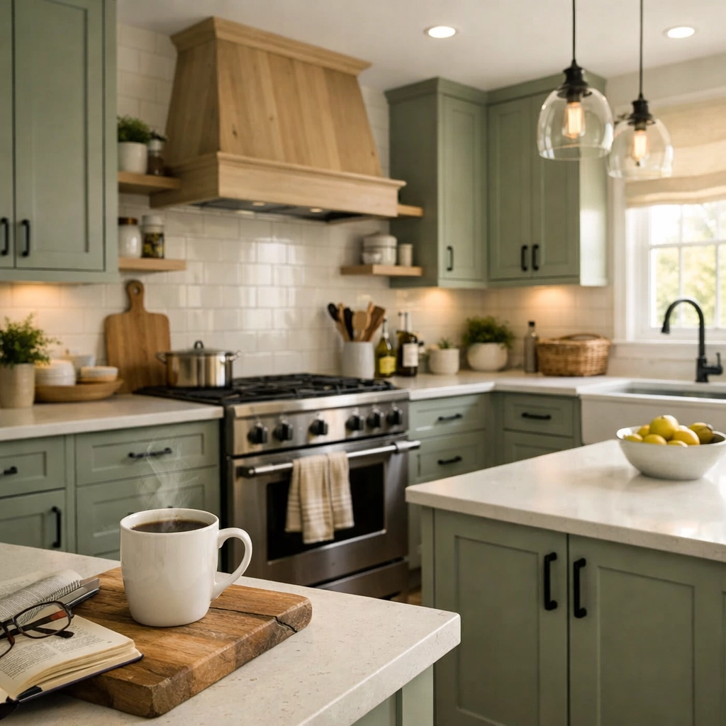 Completed kitchen transformation with sage green refaced cabinets and matte black hardware.