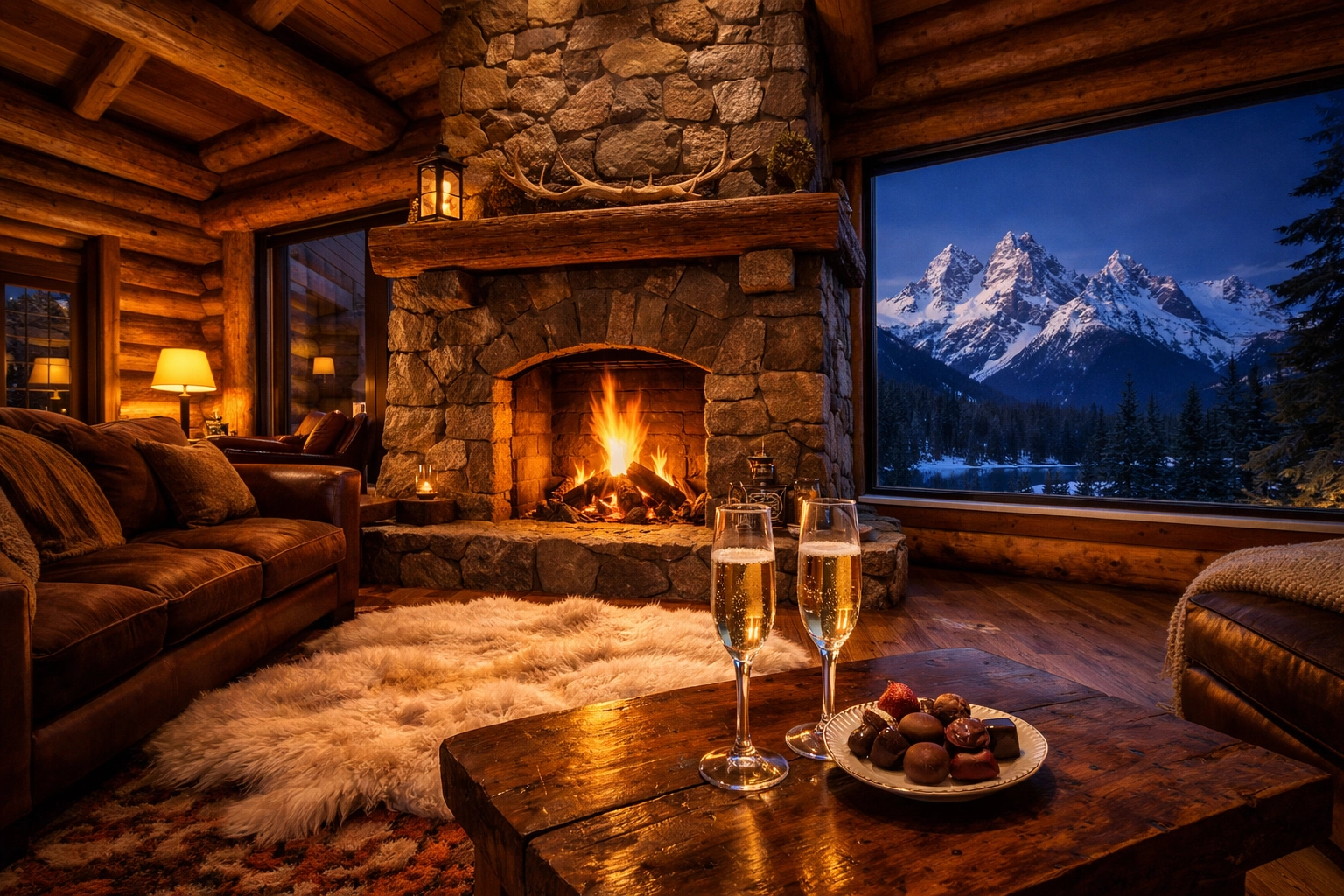 Cozy log cabin in the Canadian Rockies with a stone fireplace and snowy mountain views for a Banff honeymoon.