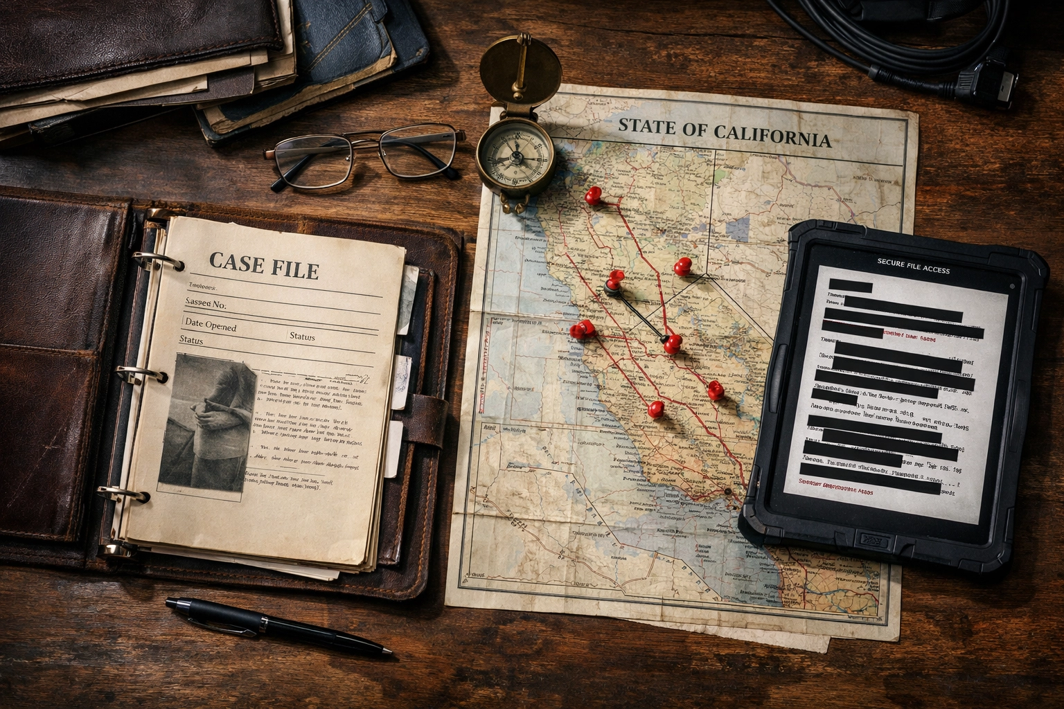 Private investigator desk with California case files and background check documents