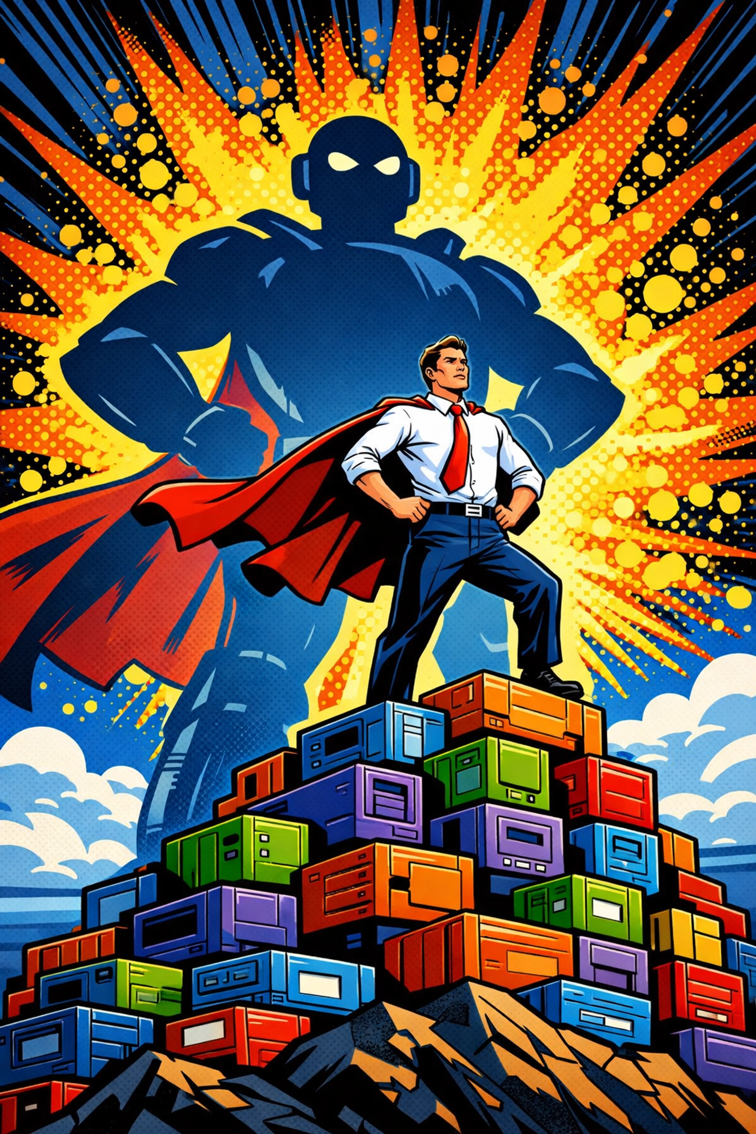 Heroic business owner standing over digital crates with an AI virtual assistant to scale their workflow.