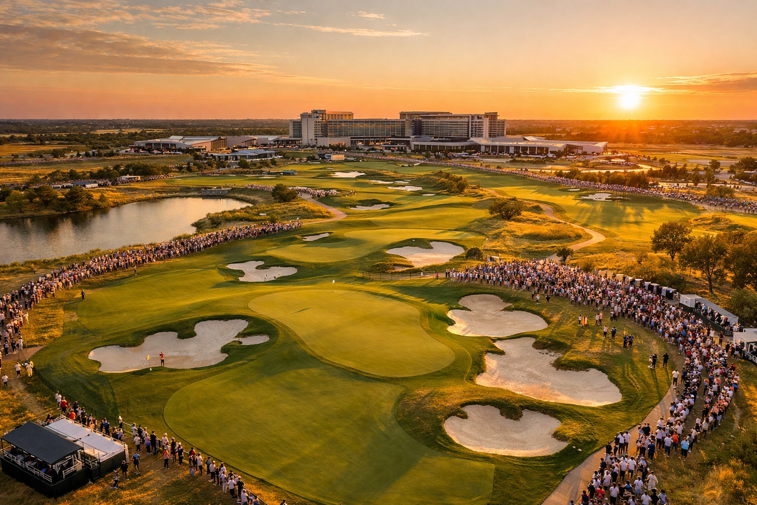 Aerial view of PGA Frisco championship golf course and Omni Resort in North Texas