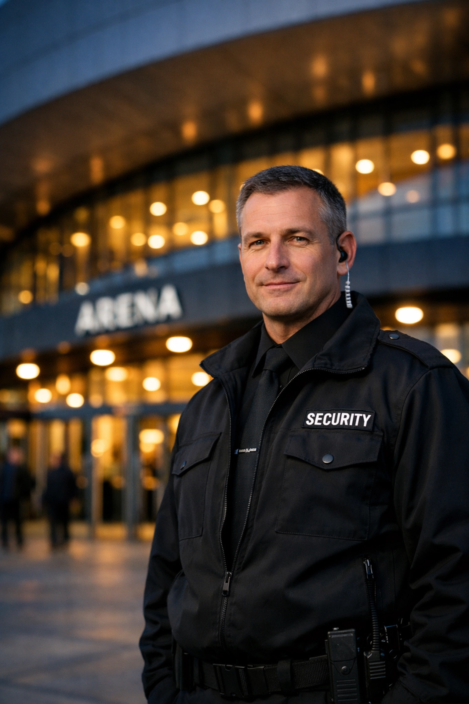 Professional SIA security guard providing manned guarding and personal supervision at a large venue.