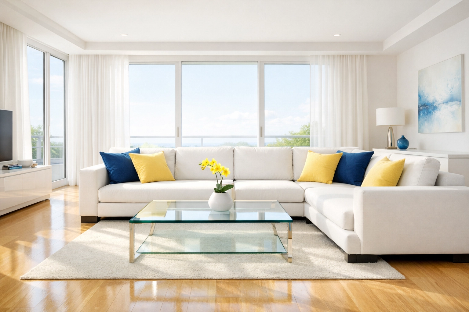 Impeccably clean modern living room maintained by bi-weekly house cleaning services.