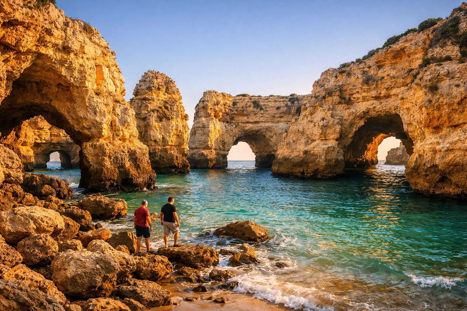 Golden limestone sea caves and rock formations at Marinha Beach, Algarve Portugal
