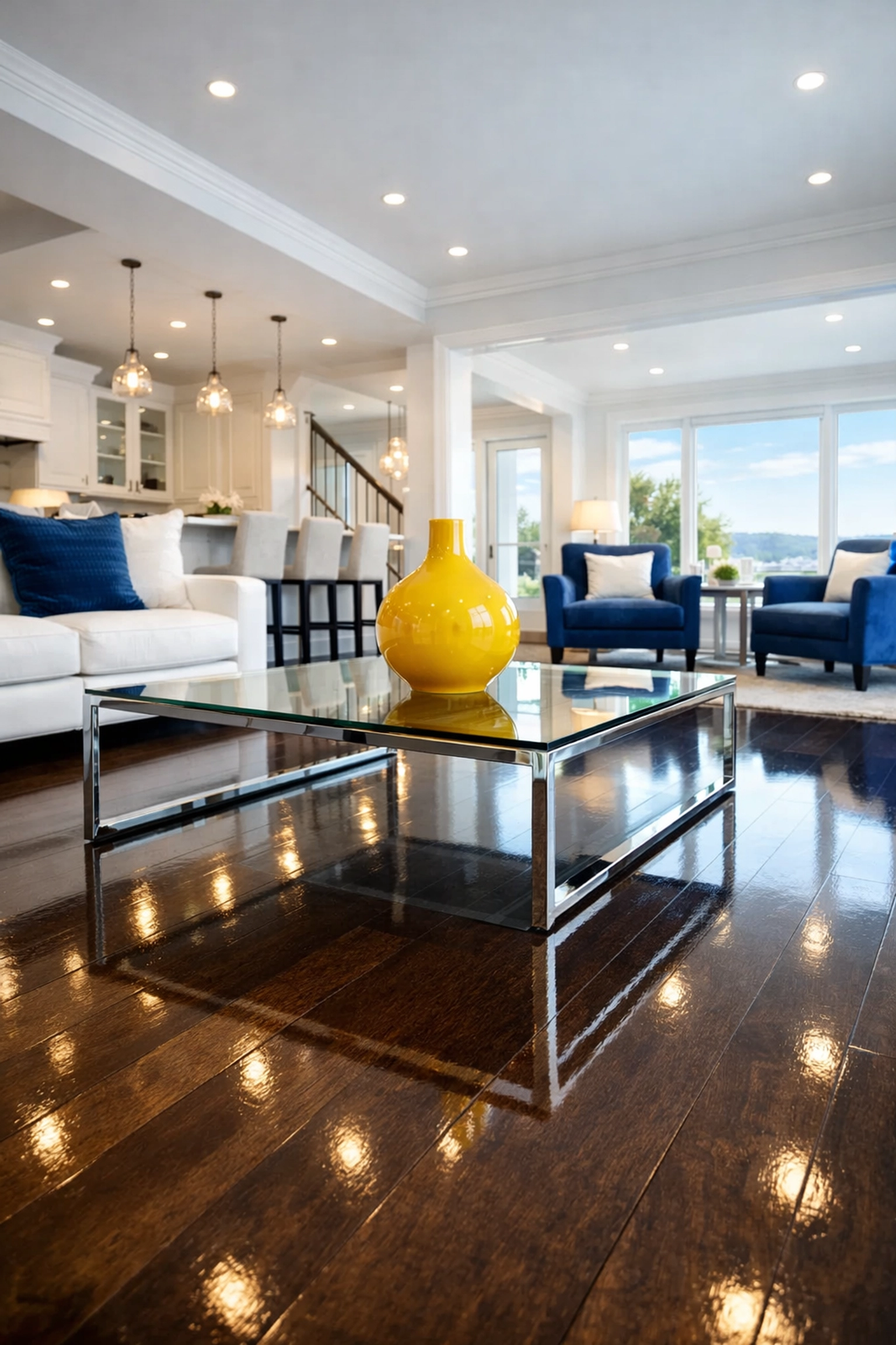 Clean and sun-drenched Hudson living room featuring polished hardwood floors after a house cleaning service.