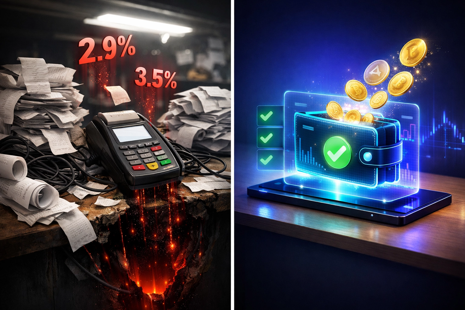 Traditional payment terminal with high fees compared to Web3 cryptocurrency wallet for merchants