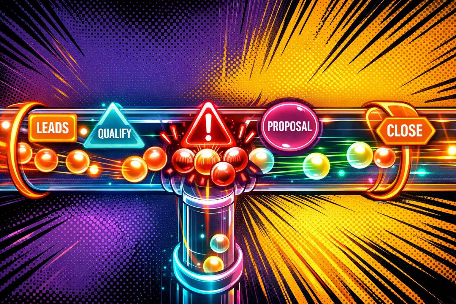 Sales pipeline automation displaying deals moving through stages with bottleneck identification and tracking