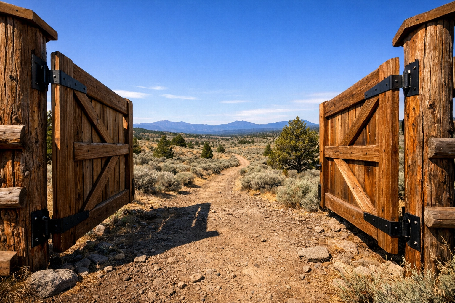 An open wooden gate leading to the high desert wilderness, symbolizing a journey toward sustainable living.