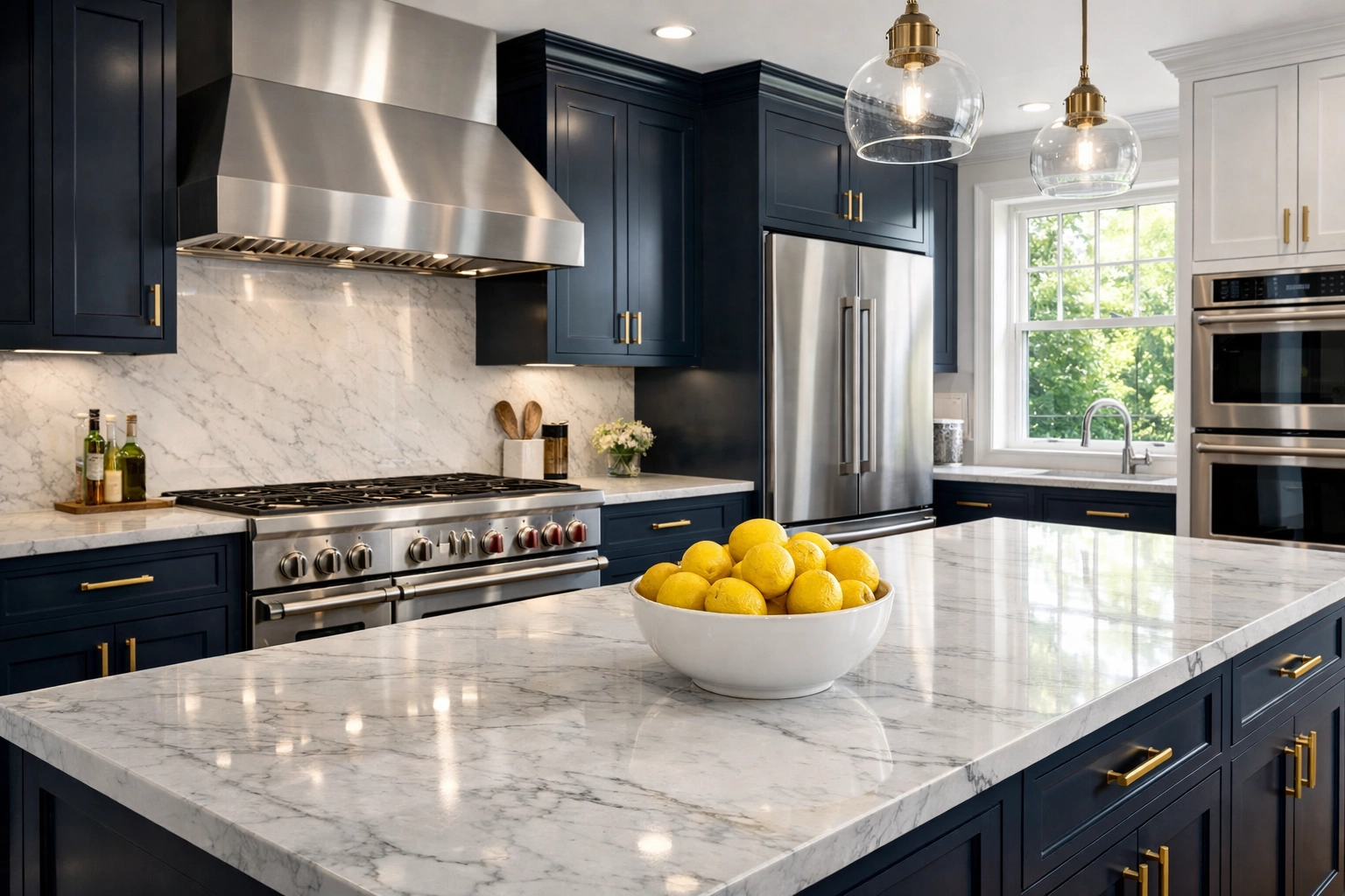 Professional house cleaning Worcester MA in a luxury kitchen with sparkling marble countertops and blue cabinets.