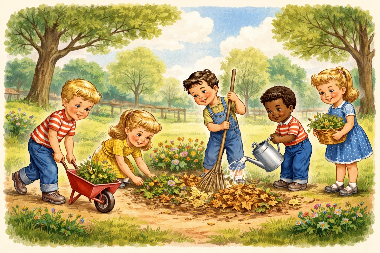 Children working together to clean up a community garden bed, learning teamwork and environmental responsibility.