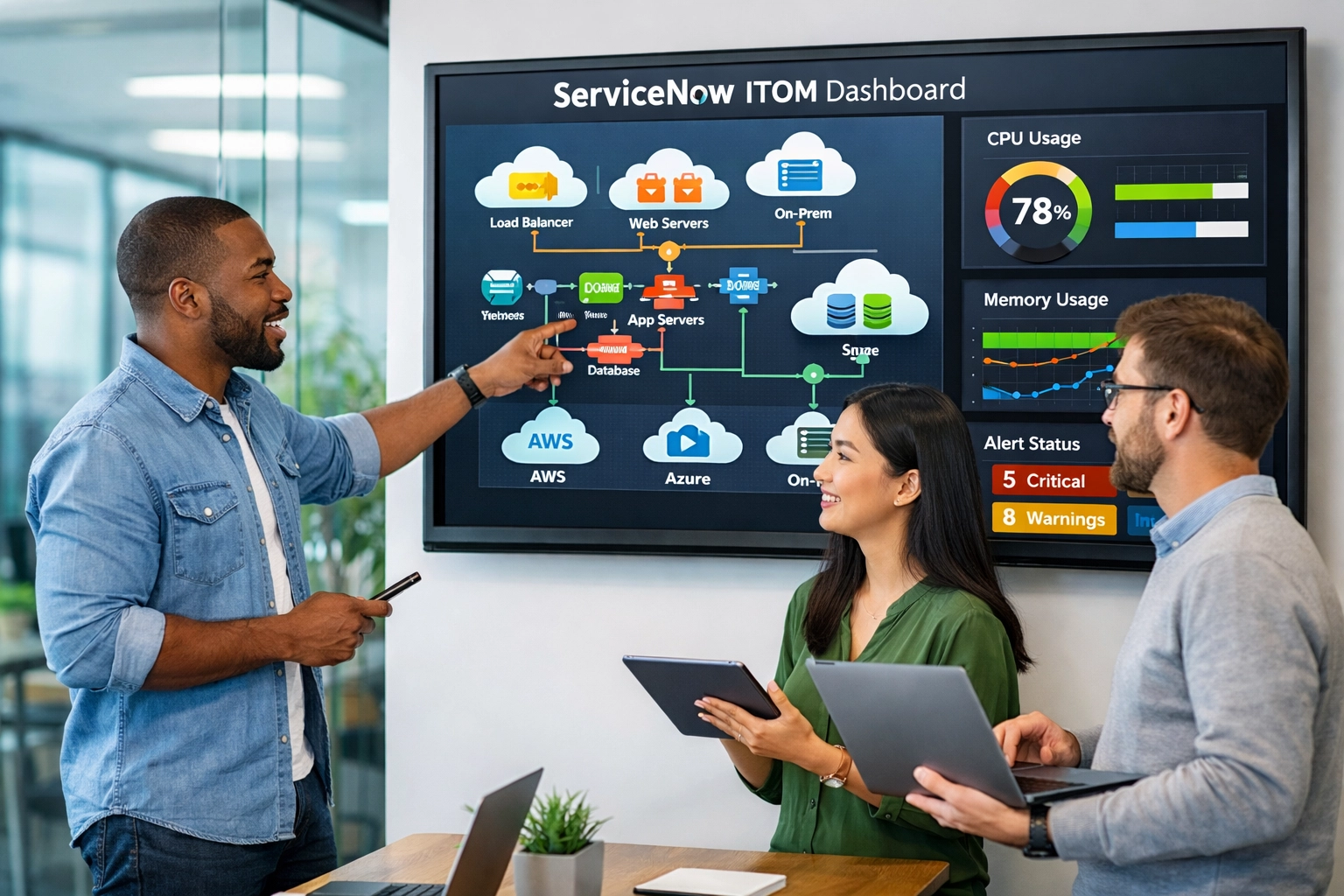 IT team collaborating on ServiceNow ITOM dashboard with cloud infrastructure monitoring and optimization