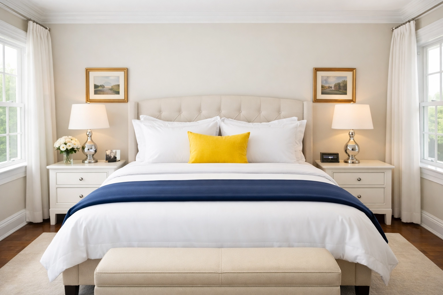 Clutter-free master bedroom in a Massachusetts estate cleaned by professional house cleaning services in MA.