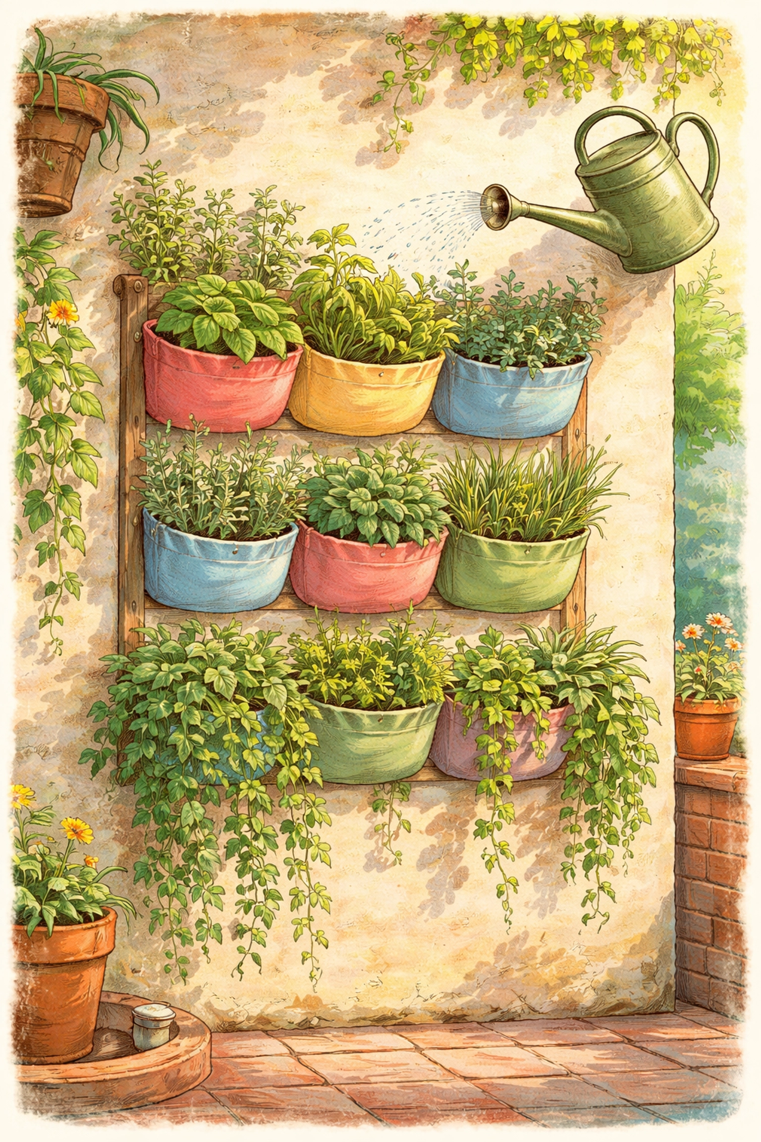 Hand-drawn vertical garden on a patio wall with herbs, showing proper watering technique for top and lower plants.