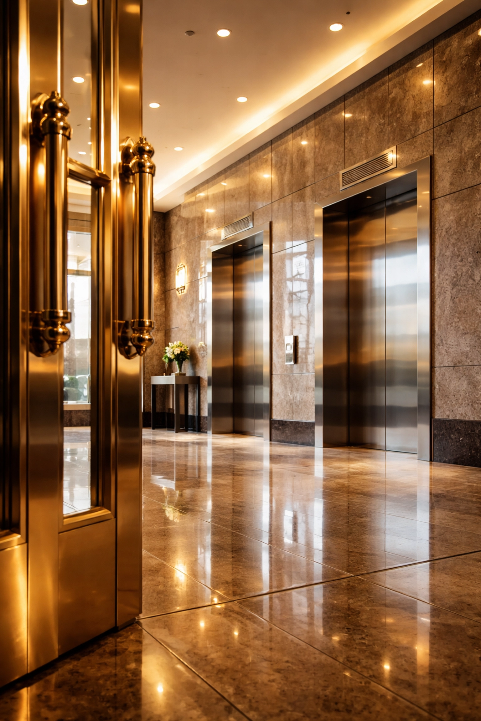Polished brass door handles and stainless steel elevator doors in a well-maintained commercial lobby, highlighting professional metal maintenance.