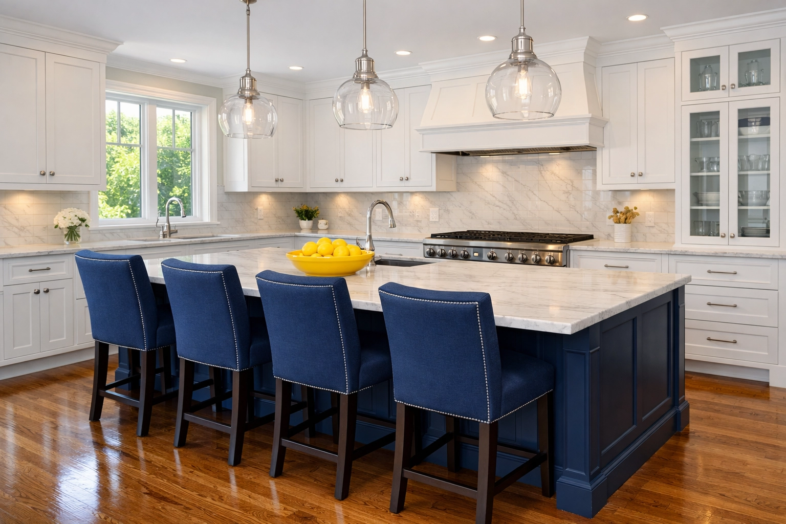 Clean luxury Marblehead kitchen after a professional house cleaning service visit.