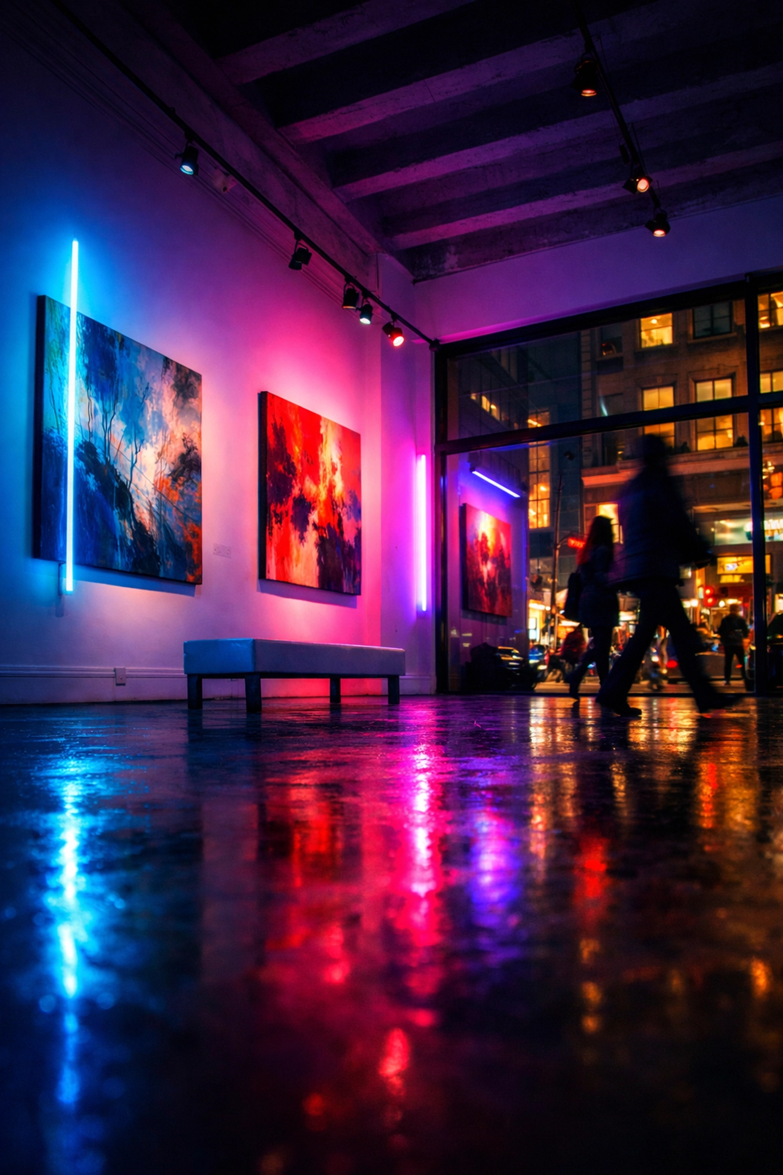 SoHo art gallery with neon light installations where gay romance begins in NYC