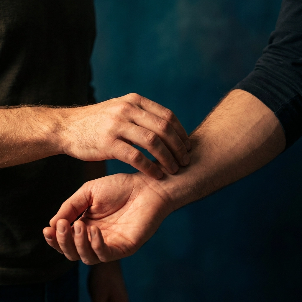 Close-up of hands exploring intimate touch between gay men