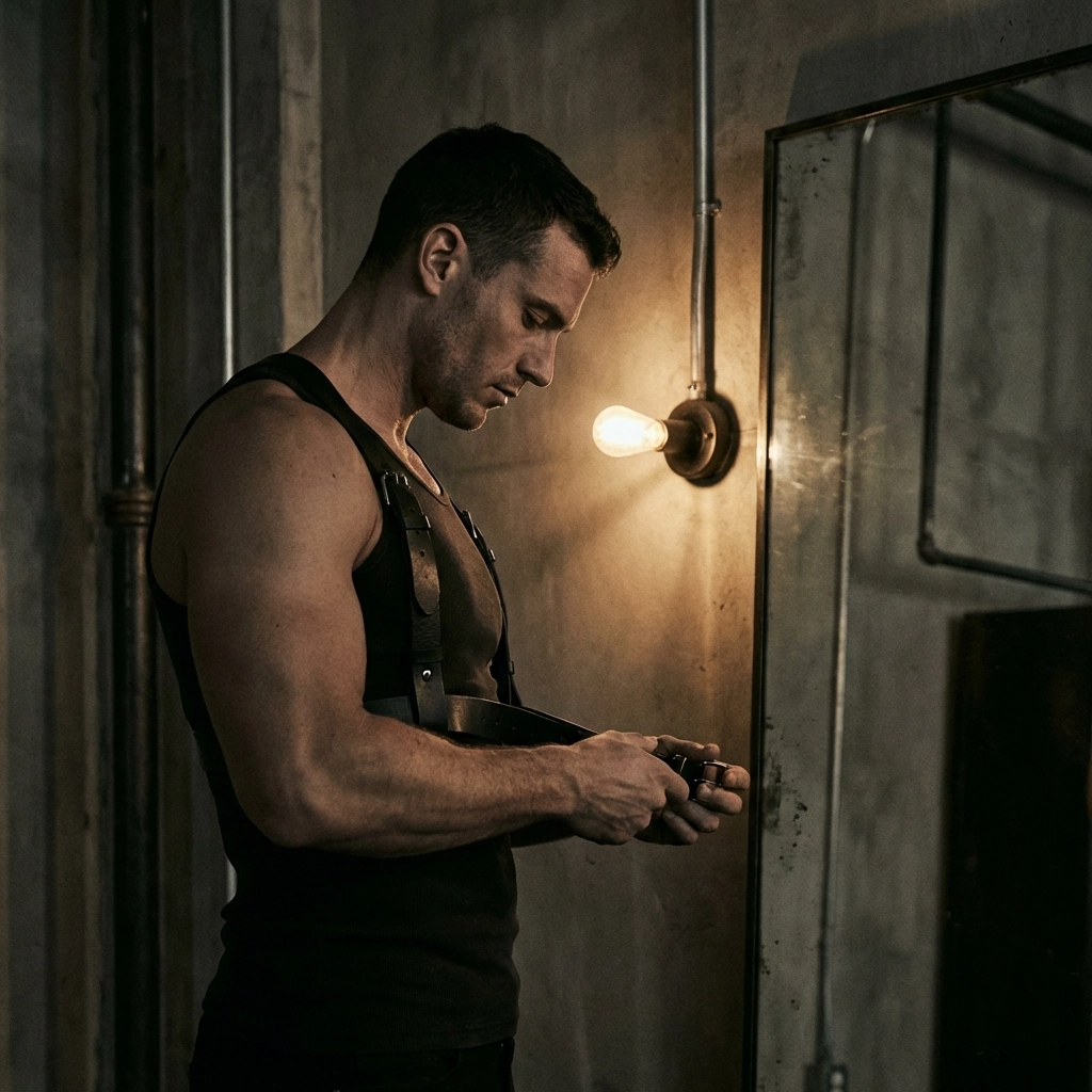 A muscular man puts on a leather chest harness in front of a mirror, preparing for a themed night at a gay sex club.