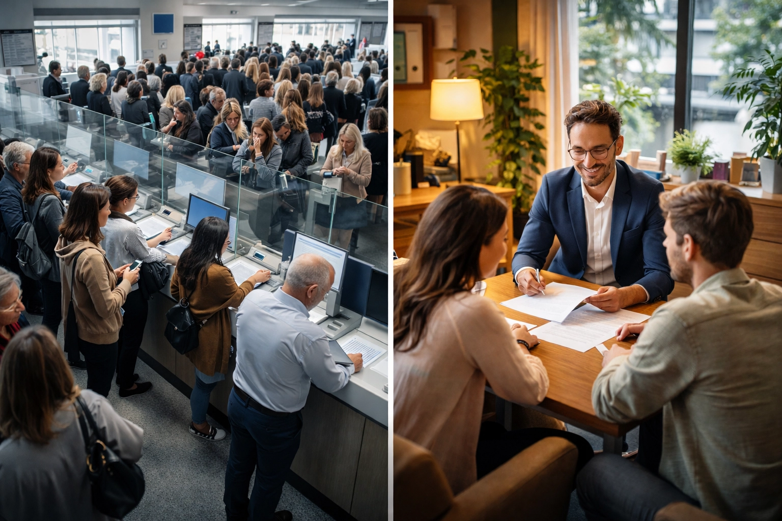 Comparison of busy high street bank queues and a welcoming mortgage broker in Oldham helping clients