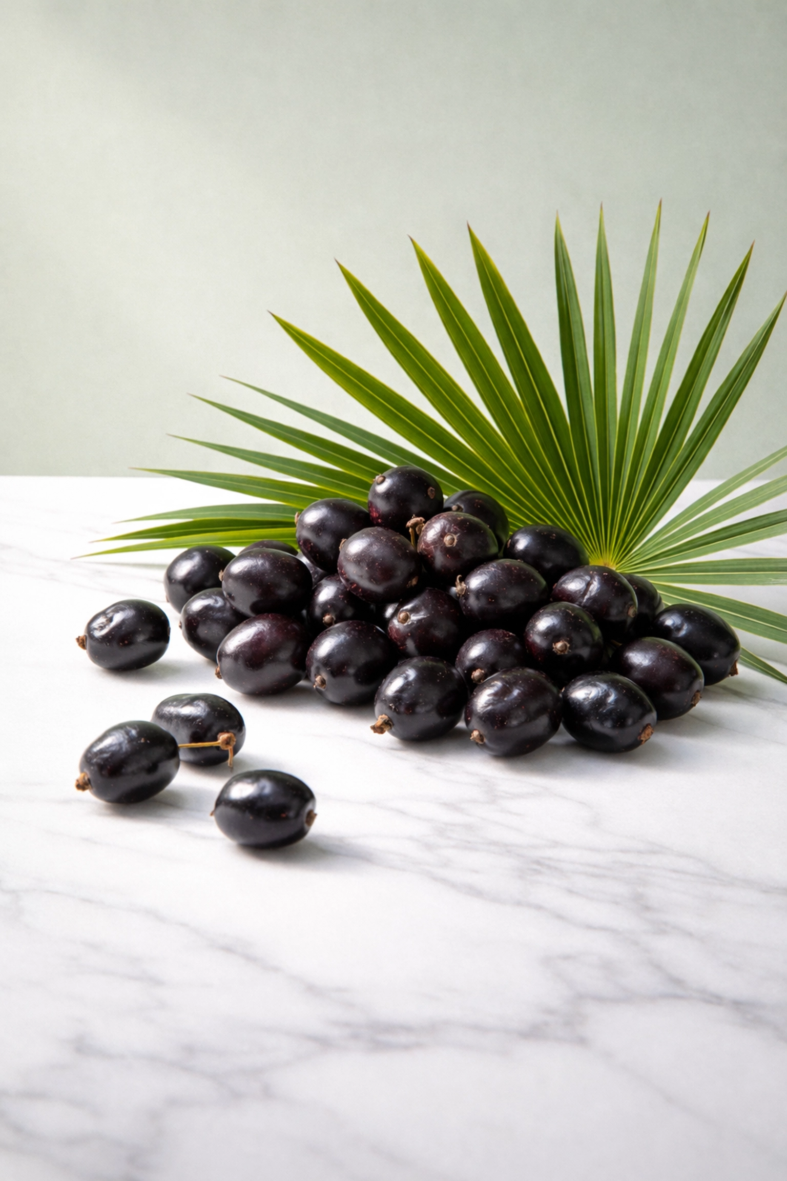 Saw palmetto berries and palm fronds displayed on a marble surface, natural DHT blocker for hair loss