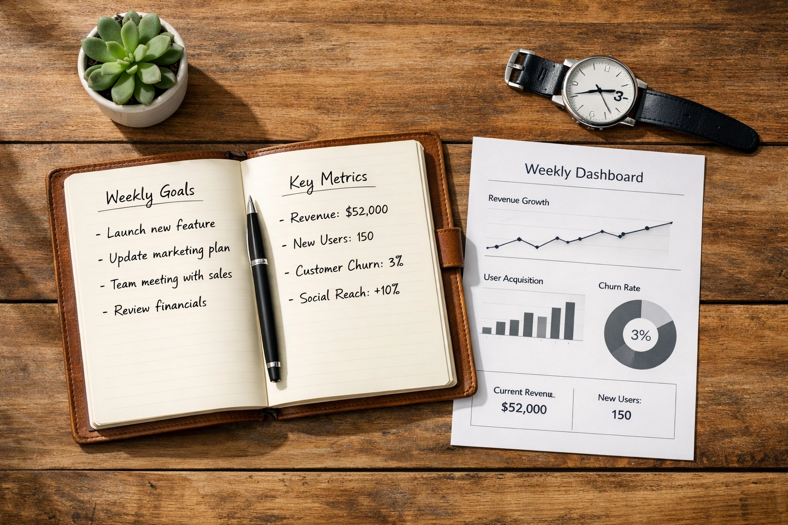 Weekly planning dashboard and goals notebook for hospitality business founder review