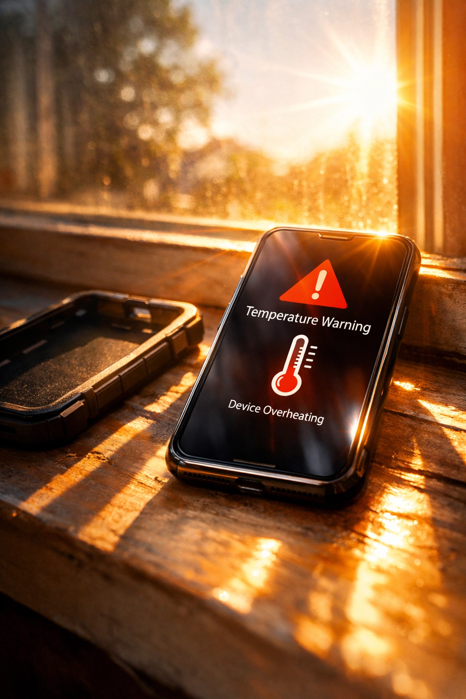 Phone charging in direct sunlight on windowsill showing overheating temperature warning
