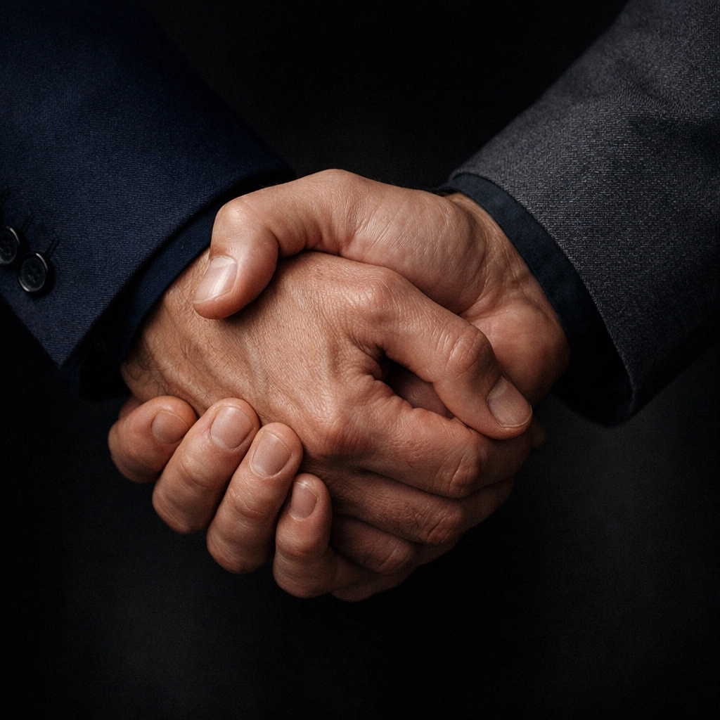 A close-up of two men in suits interlacing hands, representing an authentic and proud gay love story.