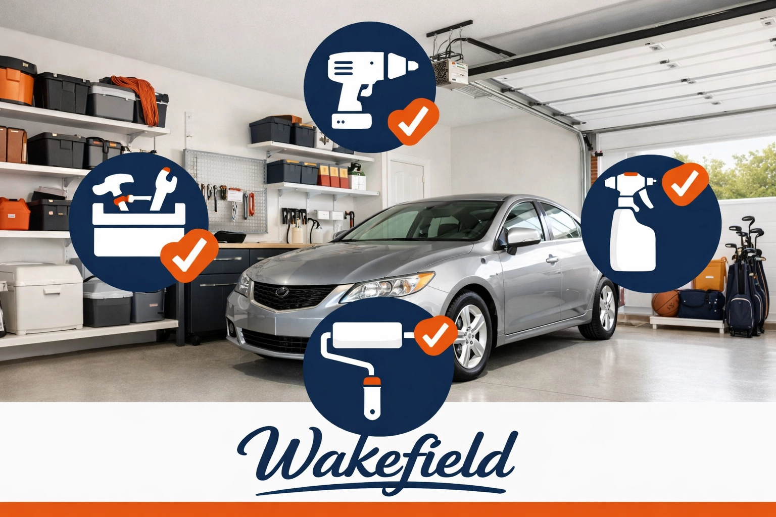 Organized Wakefield garage with car parking space achieved by sharing large home maintenance tools.
