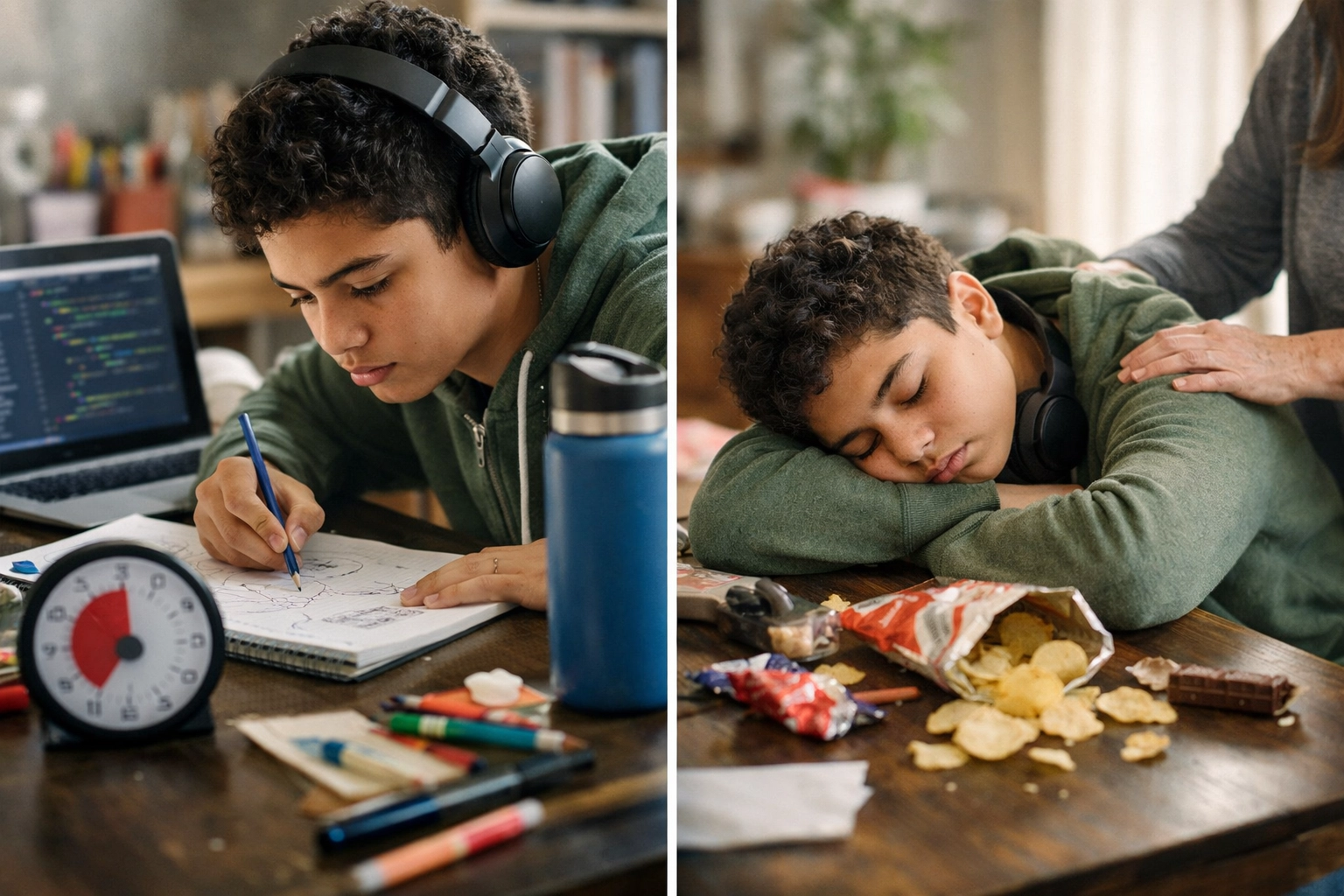 A teen deeply focused on a creative project with a timer and water bottle nearby, illustrating hyperfocus support and preventing the hyperfocus hangover.