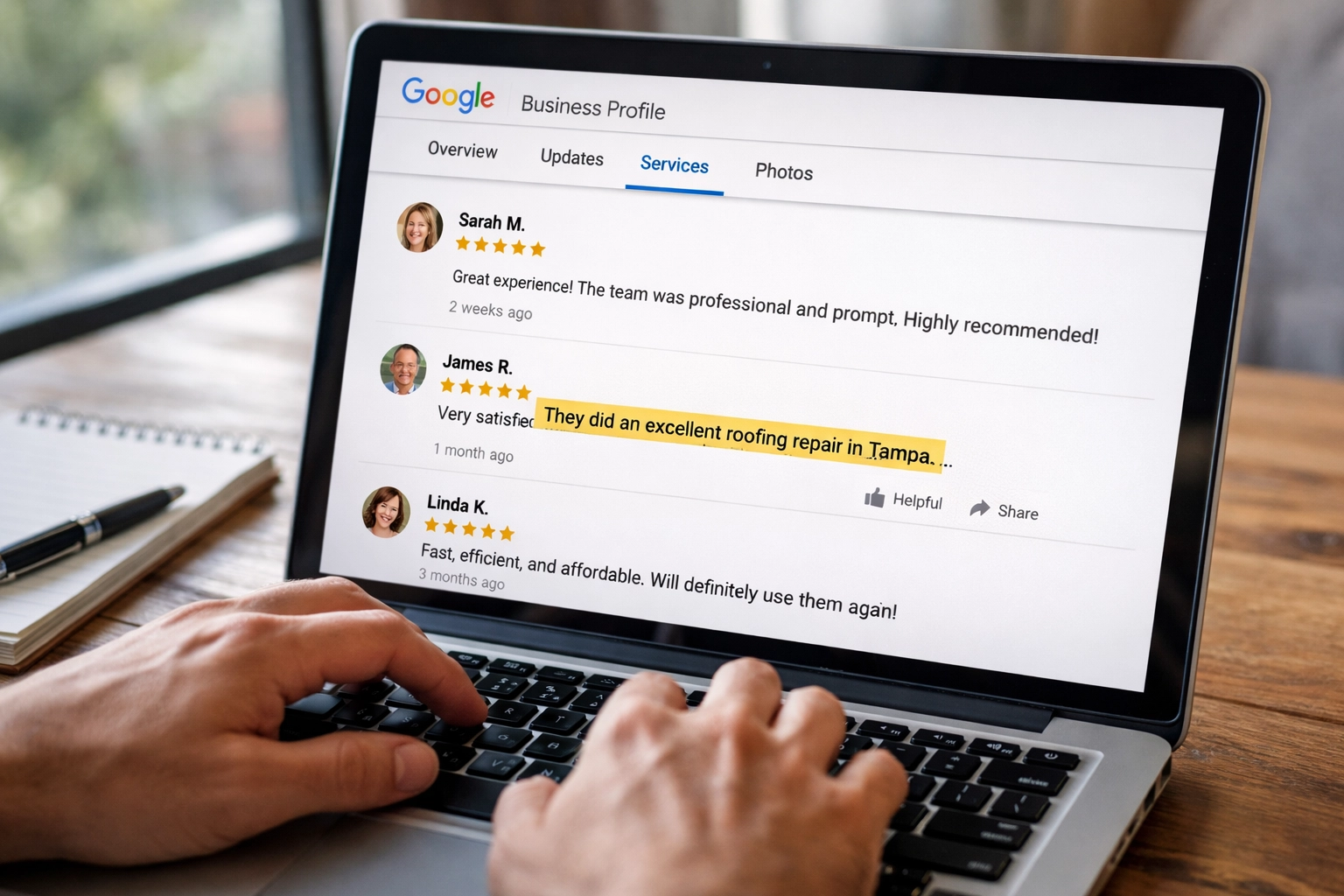 Close-up of a laptop showing Google Business Profile reviews with a highlighted service + city phrase, capturing the idea of keyword-rich reviews.