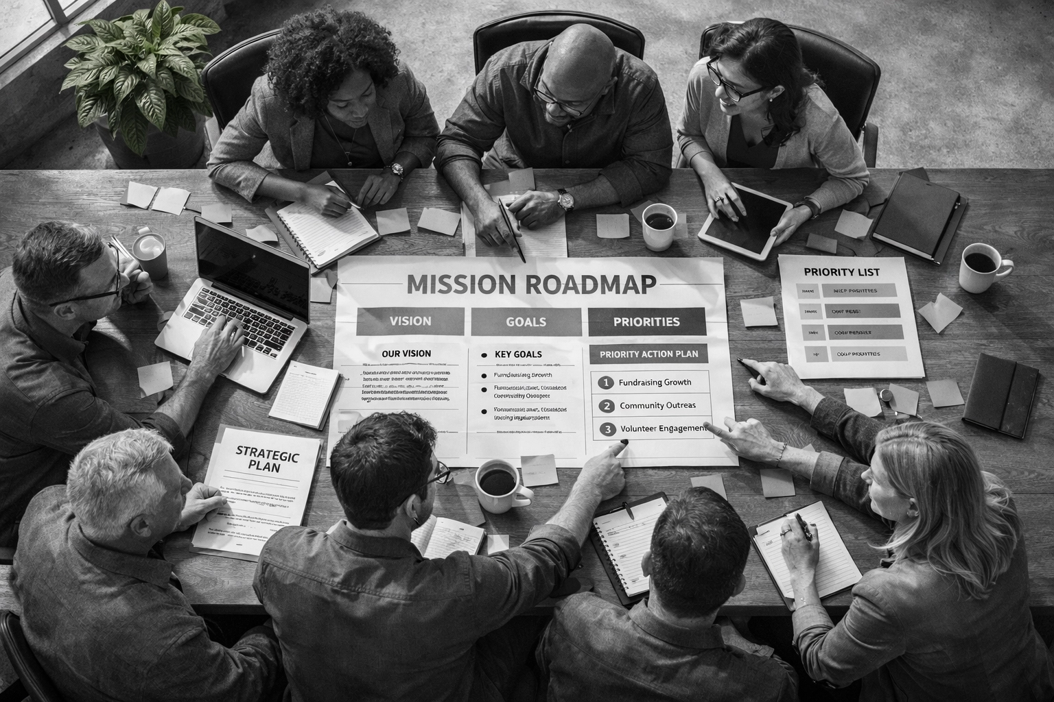 Nonprofit team collaborating on strategic mission priorities and organizational planning