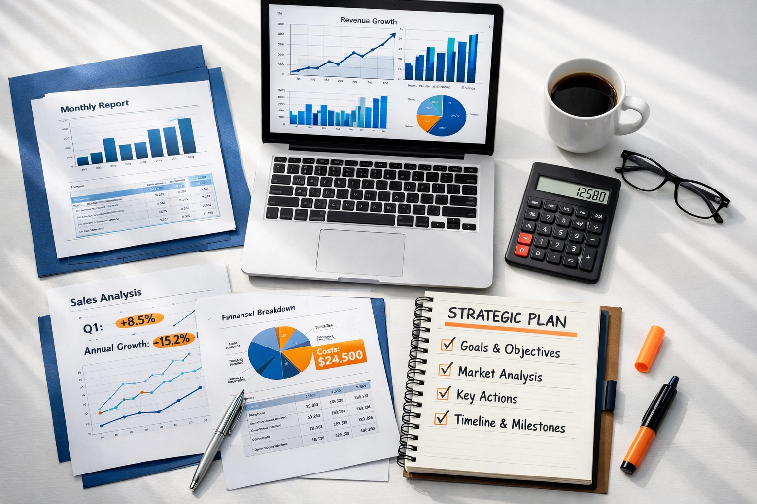 Financial planning documents and growth charts for business valuation preparation